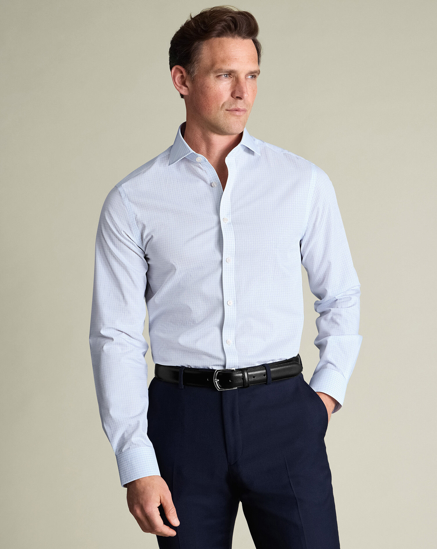 Non-Iron Poplin Check Shirt - Ice Blue