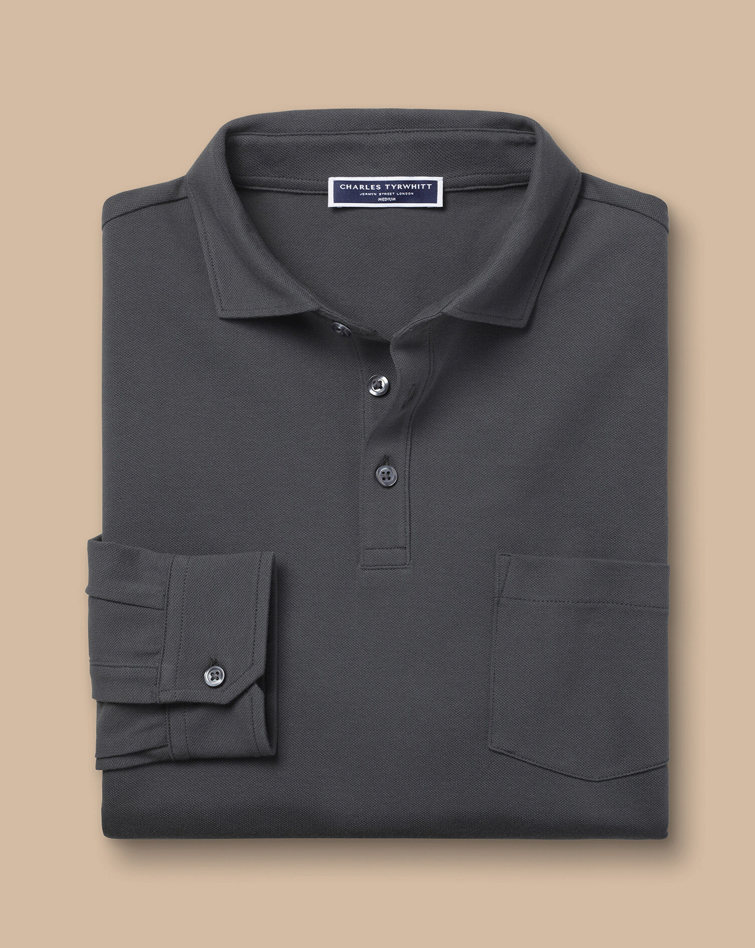 Long Sleeve Pique Polo - Charcoal Gray