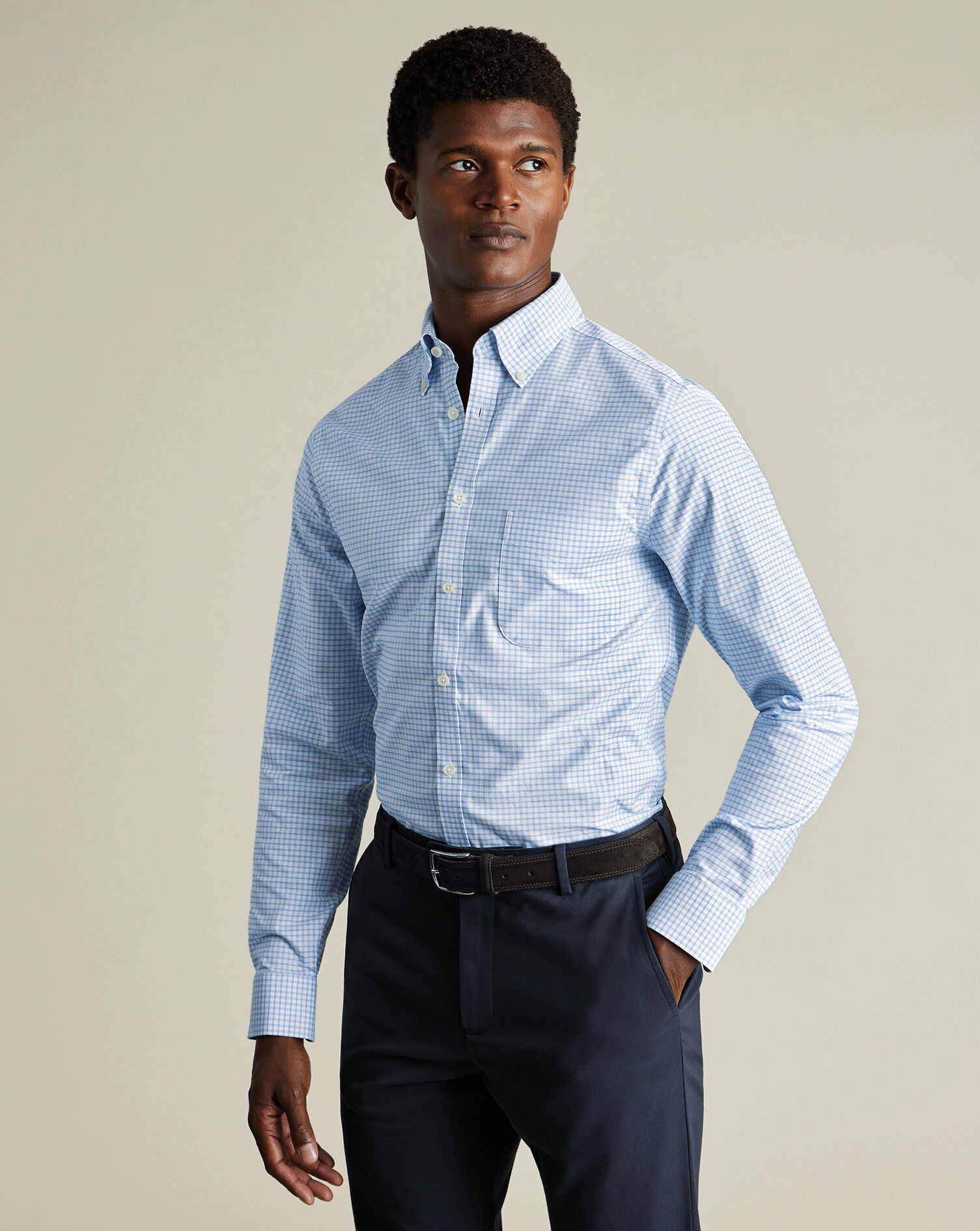 Non-Iron Stretch Oxford Check Shirt - Cornflower Blue