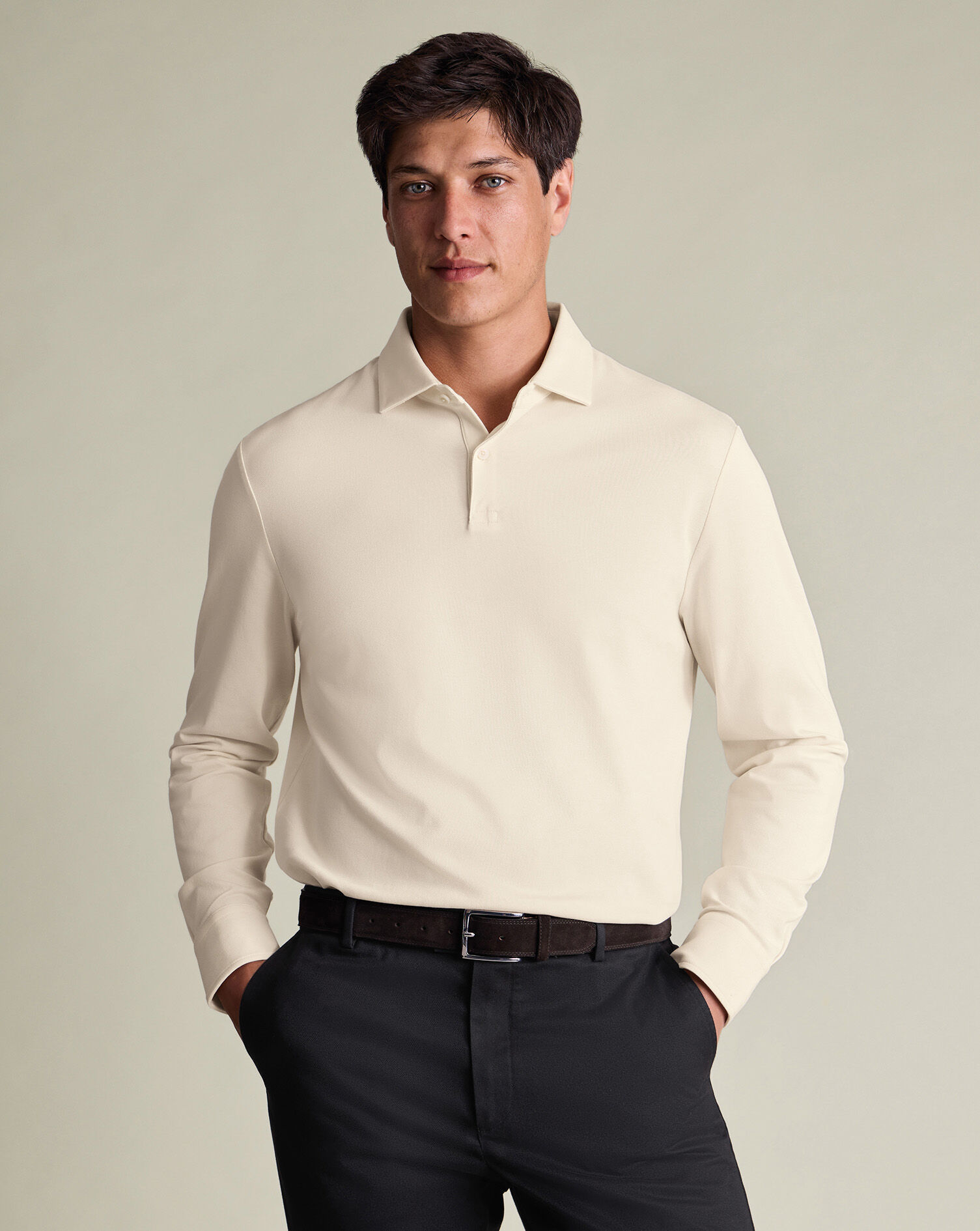 Long Sleeve Smart Pique Polo - Cream