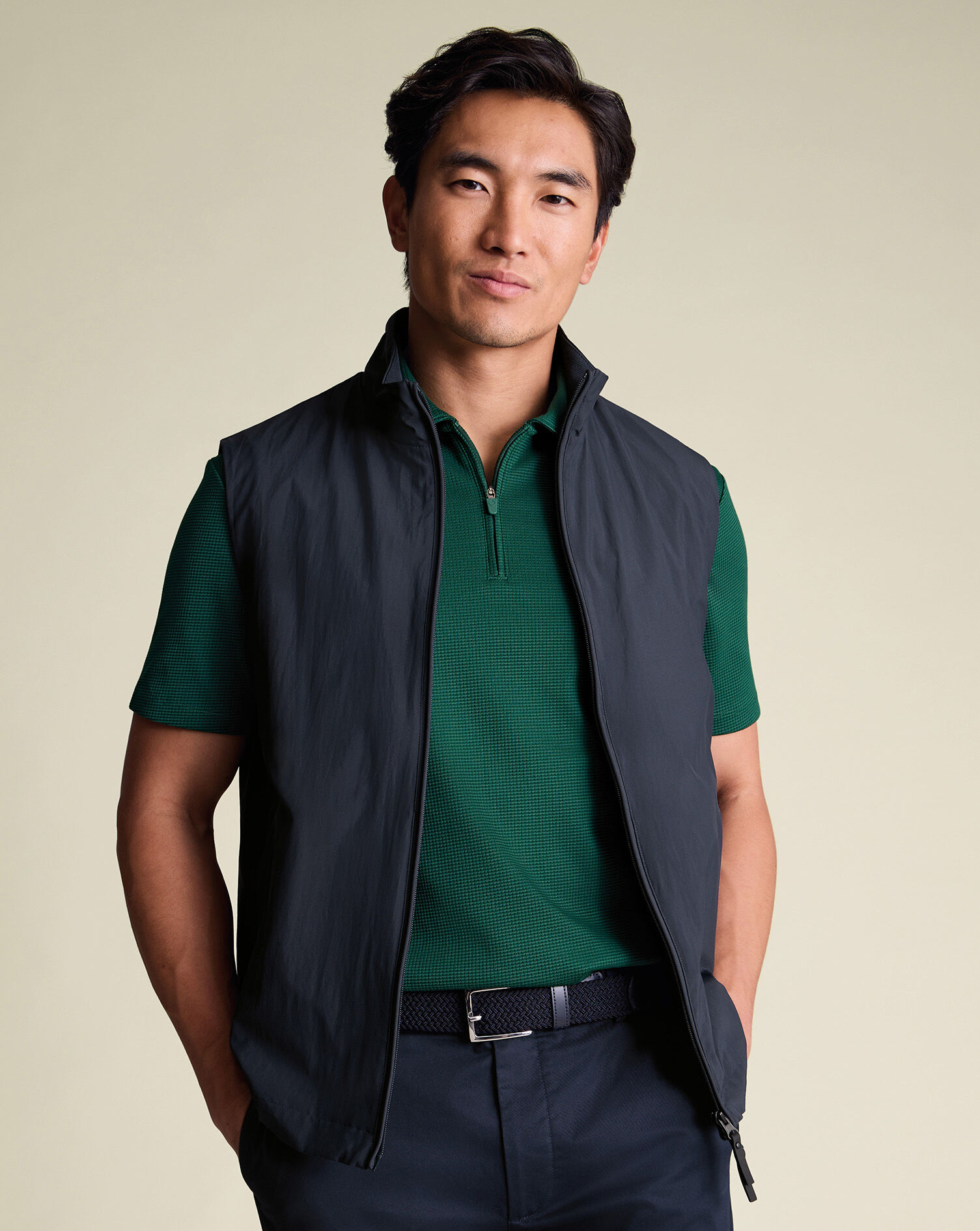 Performance Textured Zip-Neck Polo - Dark Green