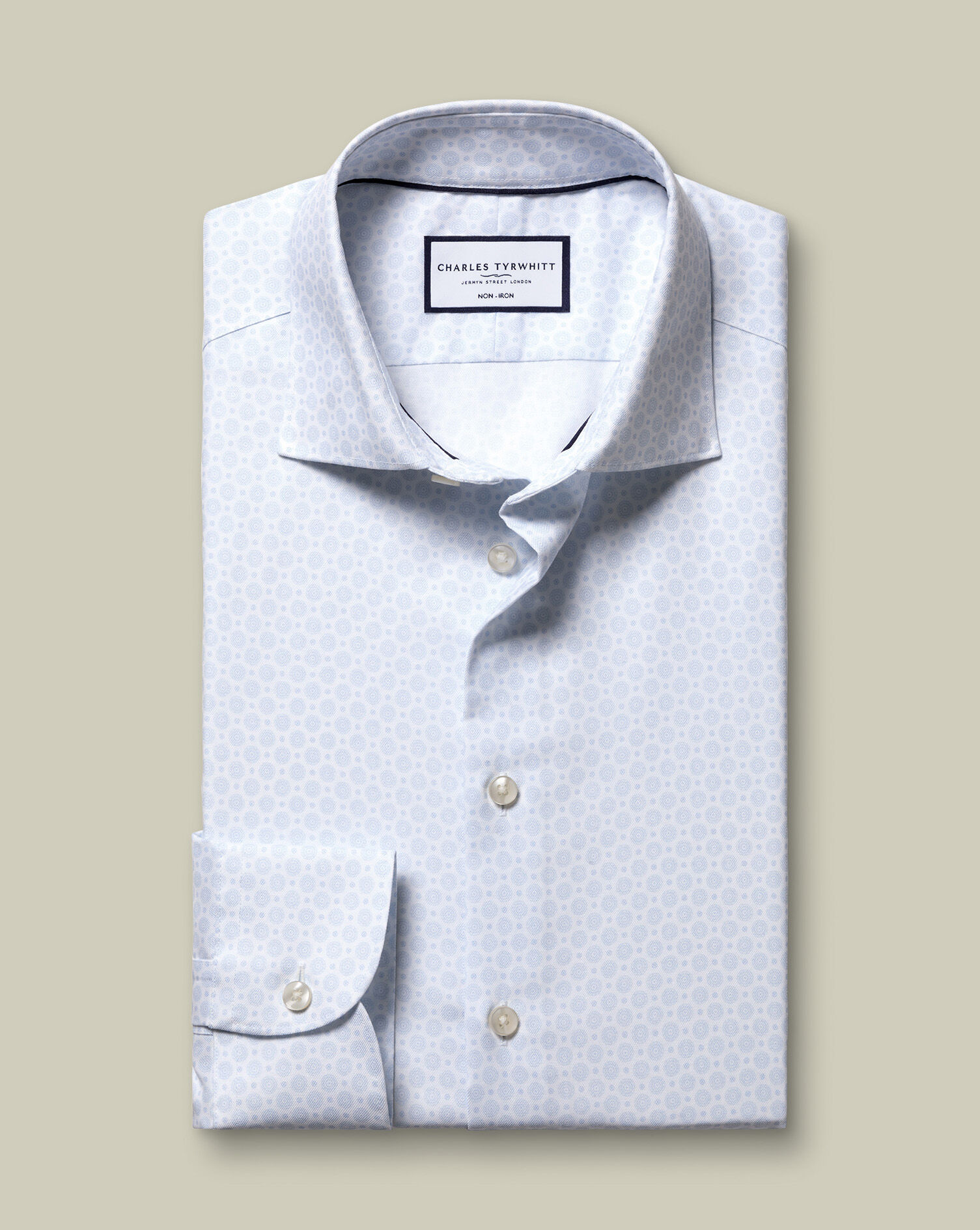 Non-Iron Stretch Print Shirt - White & Sky Blue