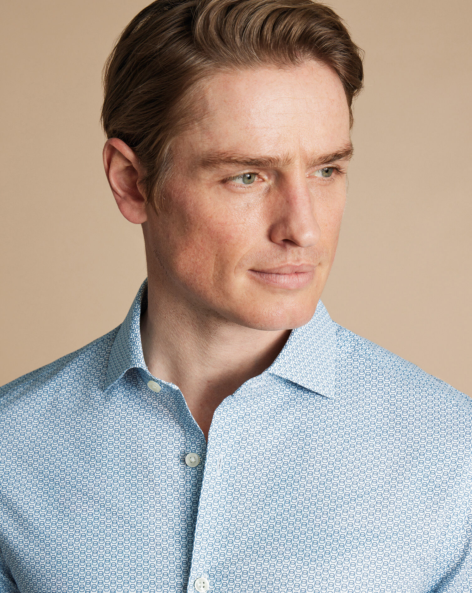 Semi-Spread Collar Non-Iron Stretch Print Shirt - Blue