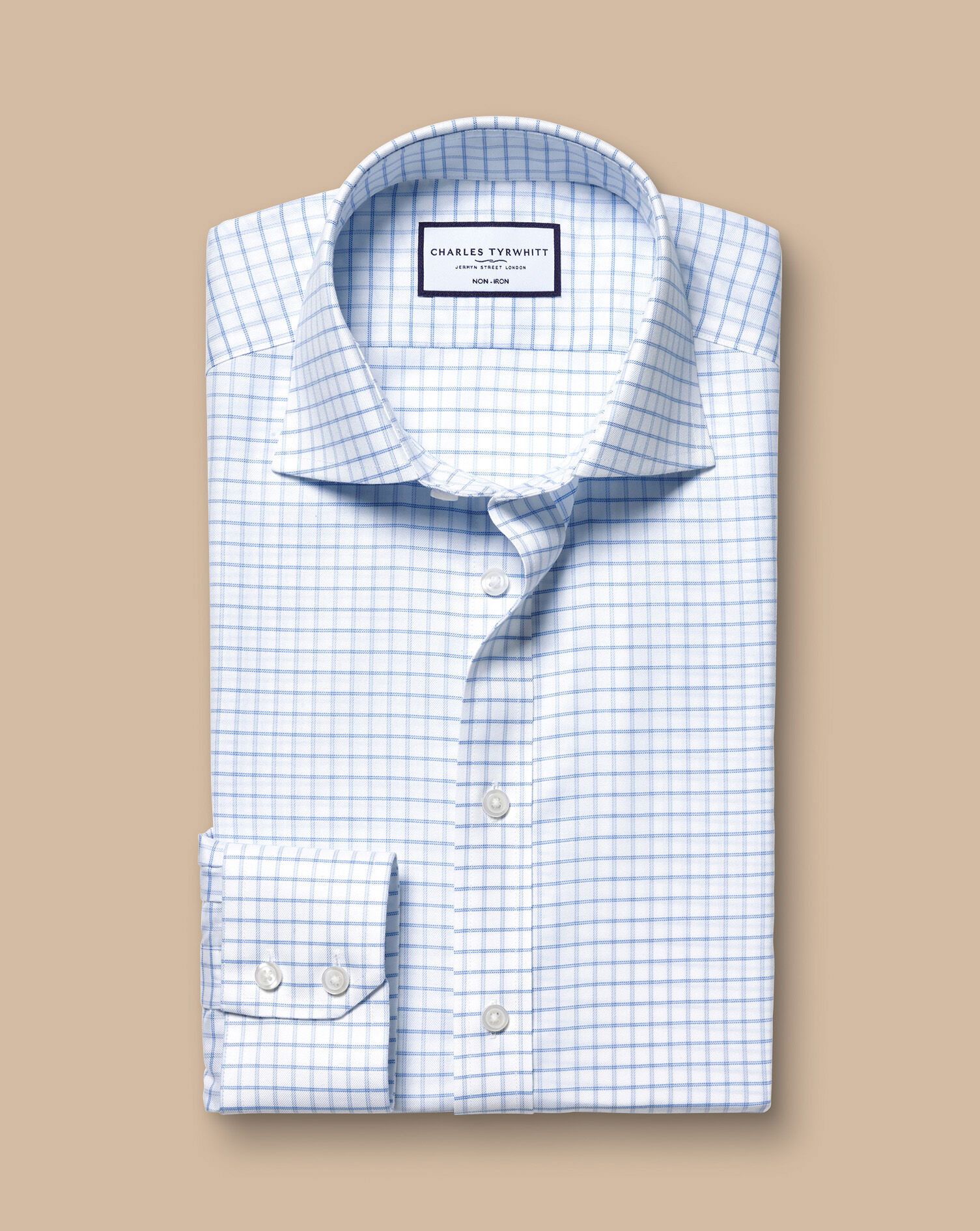 Spread Collar Non-Iron Twill Fine Check Shirt - Cornflower Blue