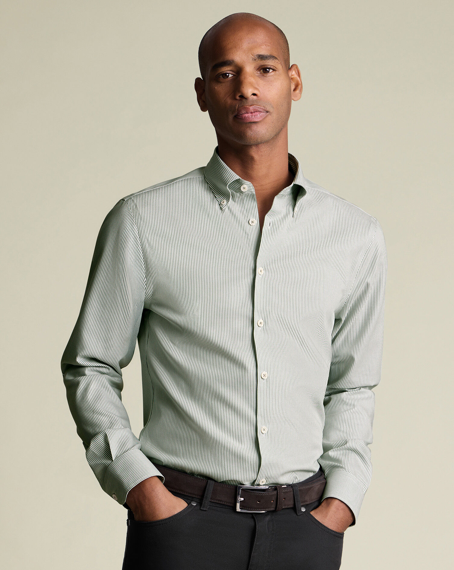 Button-Down Non-Iron Oxford Stripe Shirt - Olive