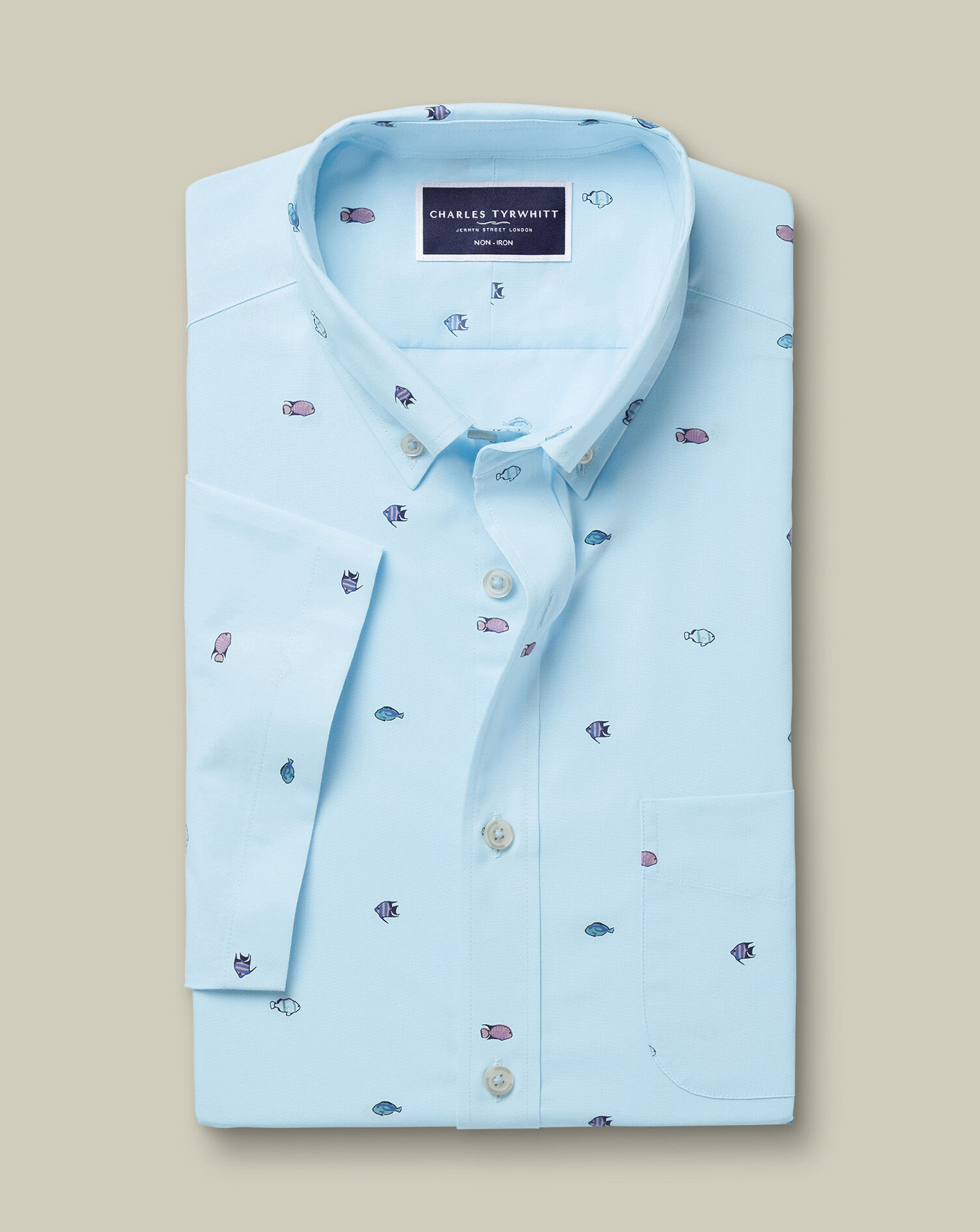 Non-Iron Poplin Fish Print Short Sleeve Shirt - Sky Blue
