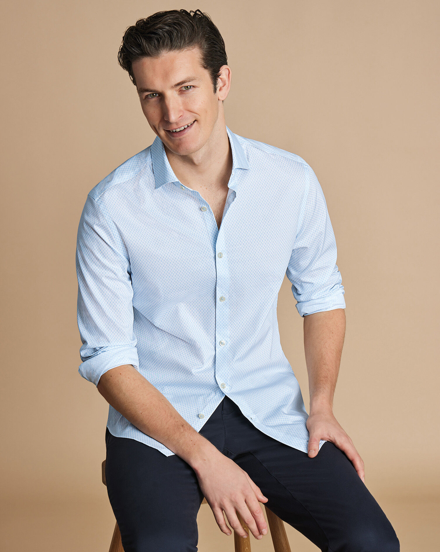 Semi-Spread Collar Non-Iron Stretch Poplin Diamond Print Shirt - Light Blue