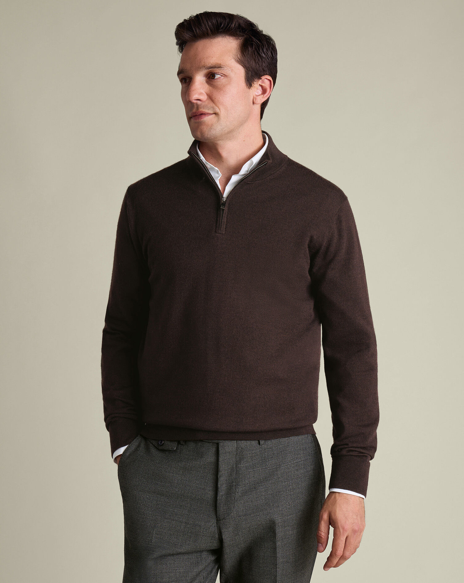 Pure Merino Quarter Zip Sweater - Chocolate Brown