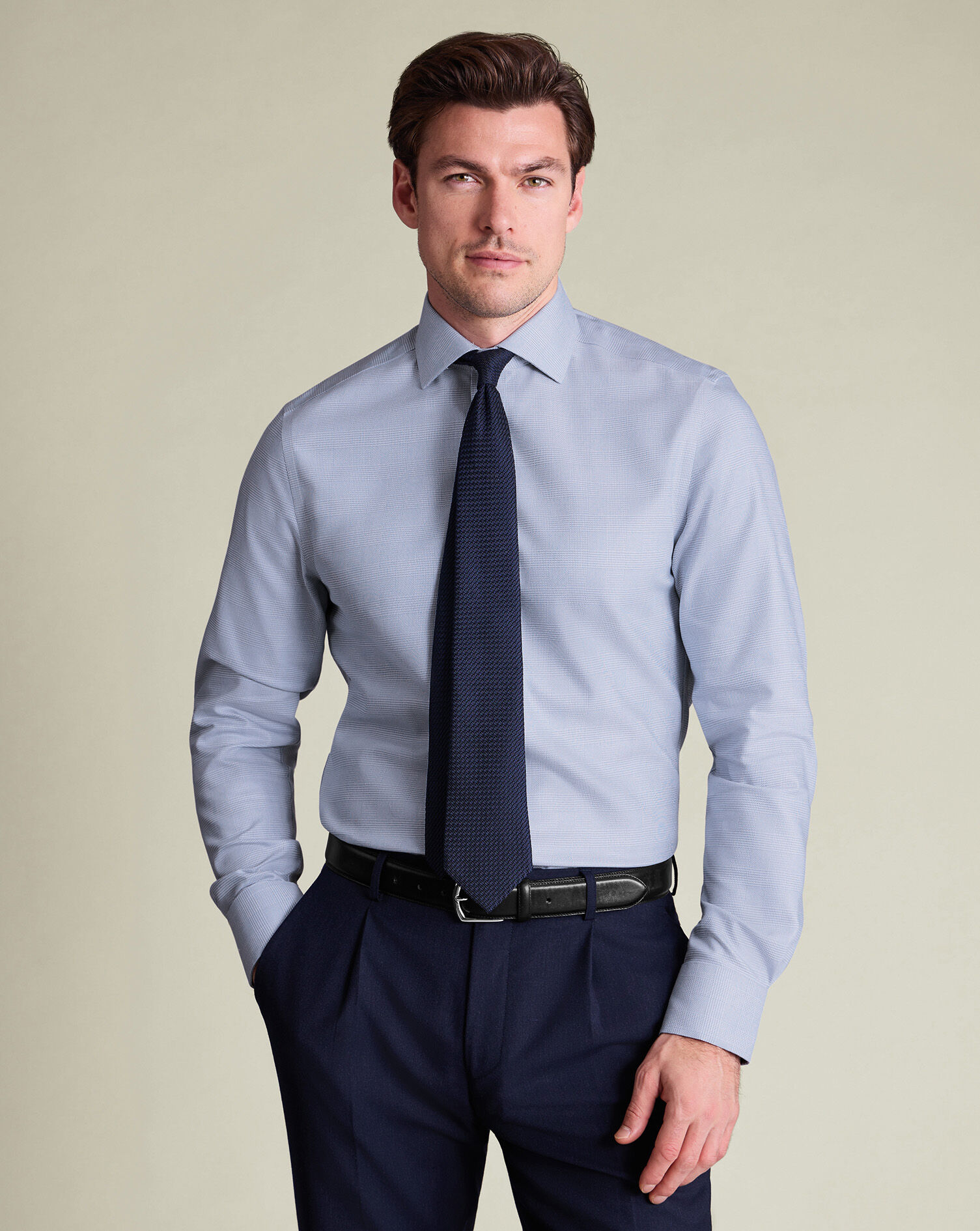 Non-Iron Burlington Weave Prince of Wales Check Shirt - Mid Blue