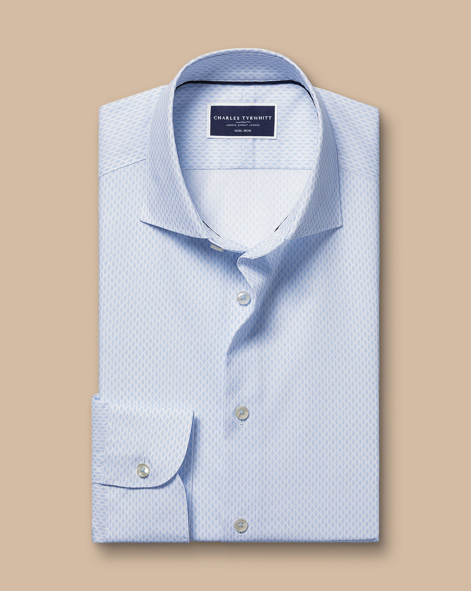 Semi-Spread Collar Non-Iron Stretch Poplin Diamond Print Shirt - Light Blue