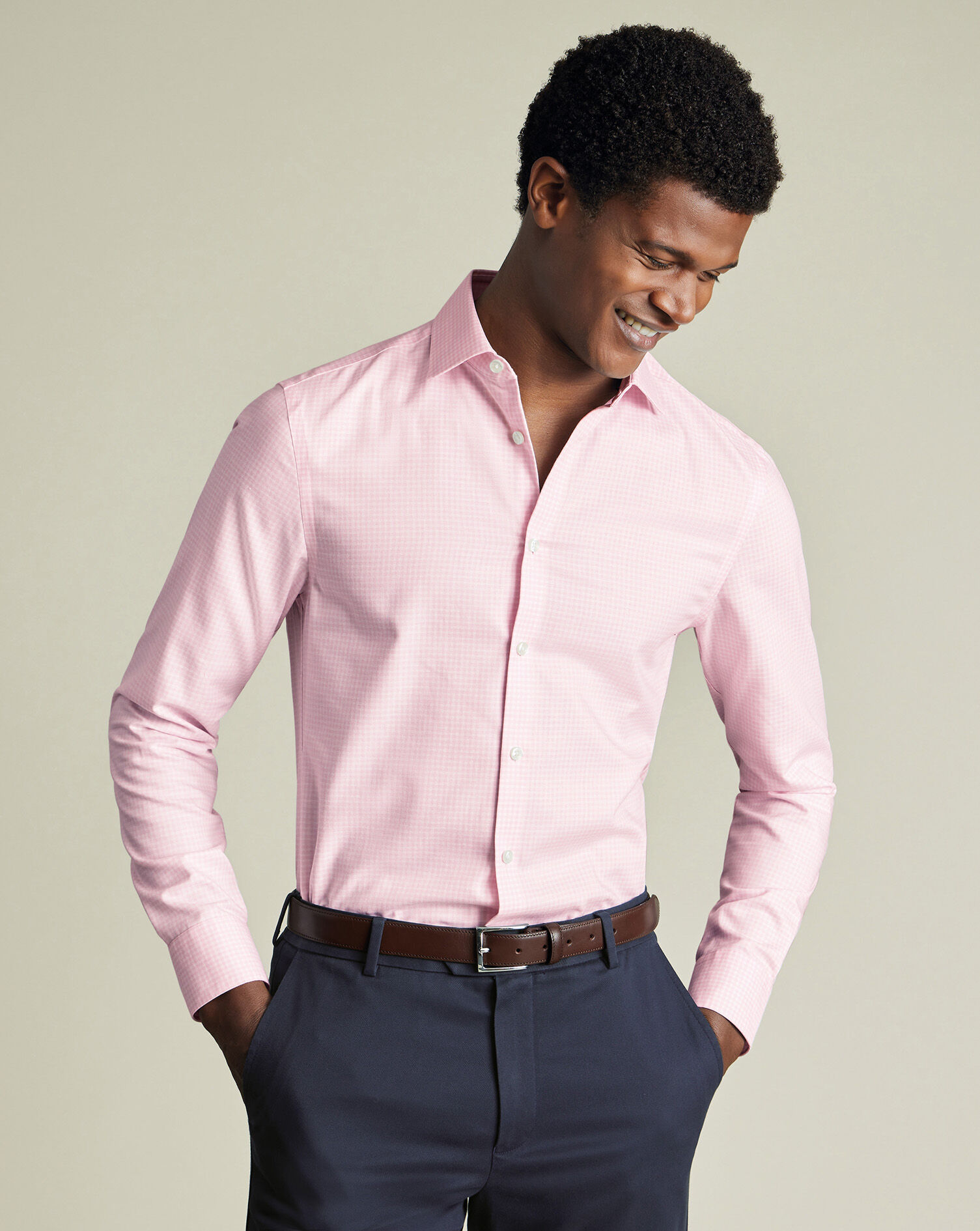 Non-Iron Cotton Linen Check Shirt - Pink