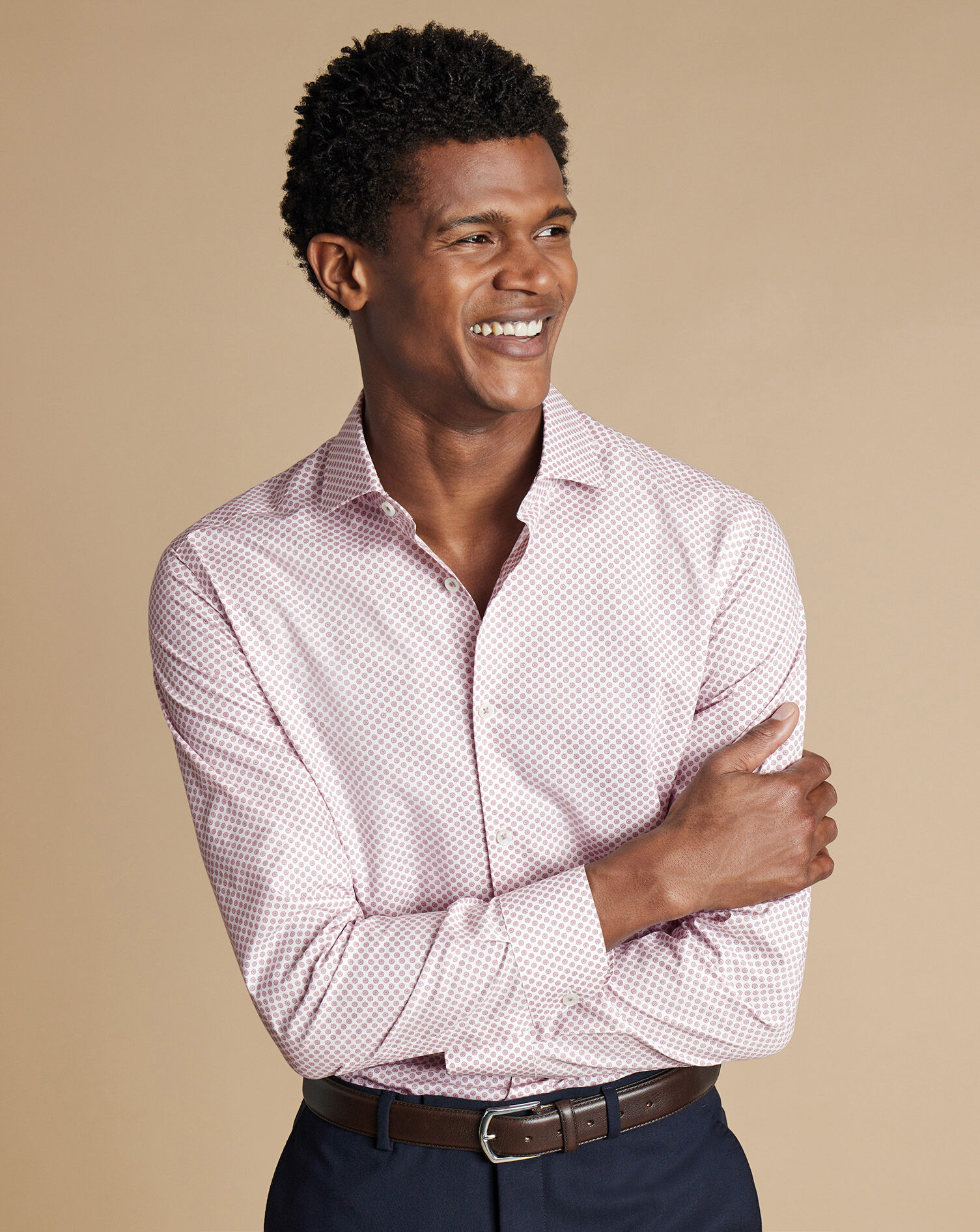 Semi-Spread Collar Non-Iron Stretch Poplin Print Shirt - Burgundy