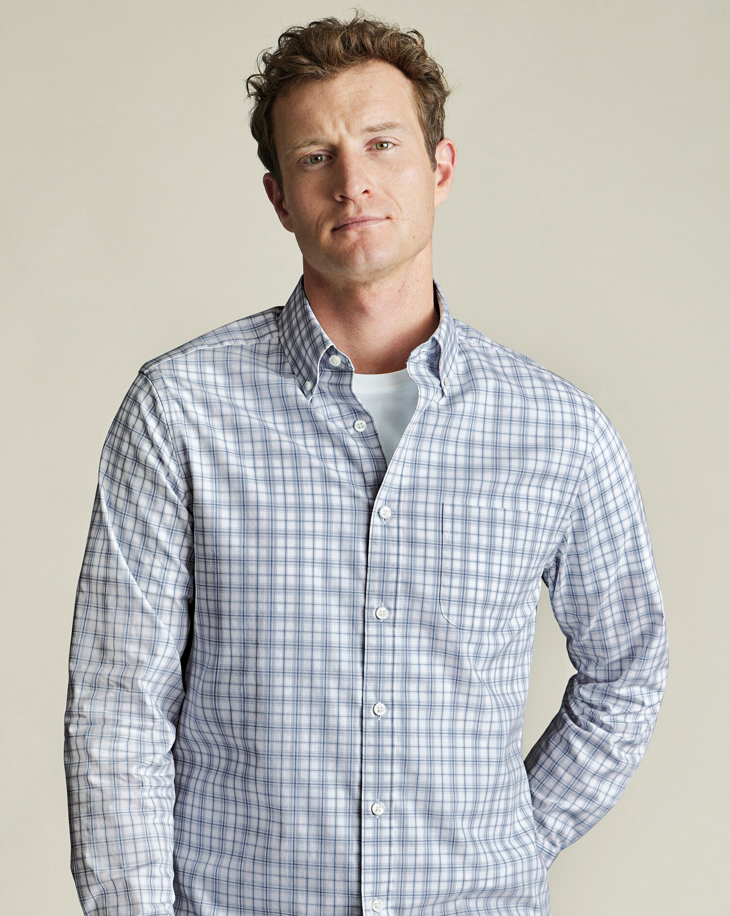 Non-Iron Stretch Poplin Check Shirt - Silver Gray