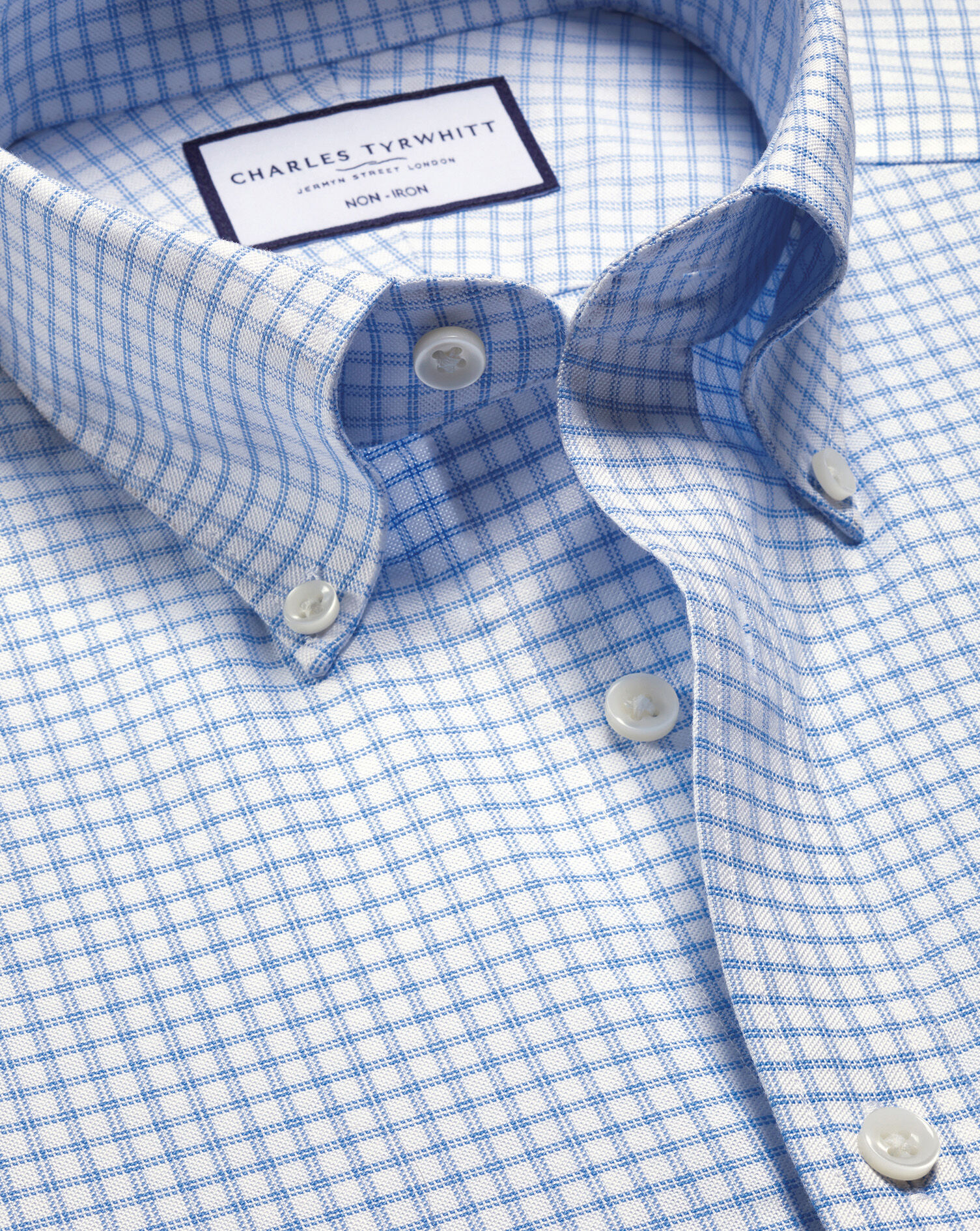 Non-Iron Stretch Oxford Check Shirt - Cornflower Blue