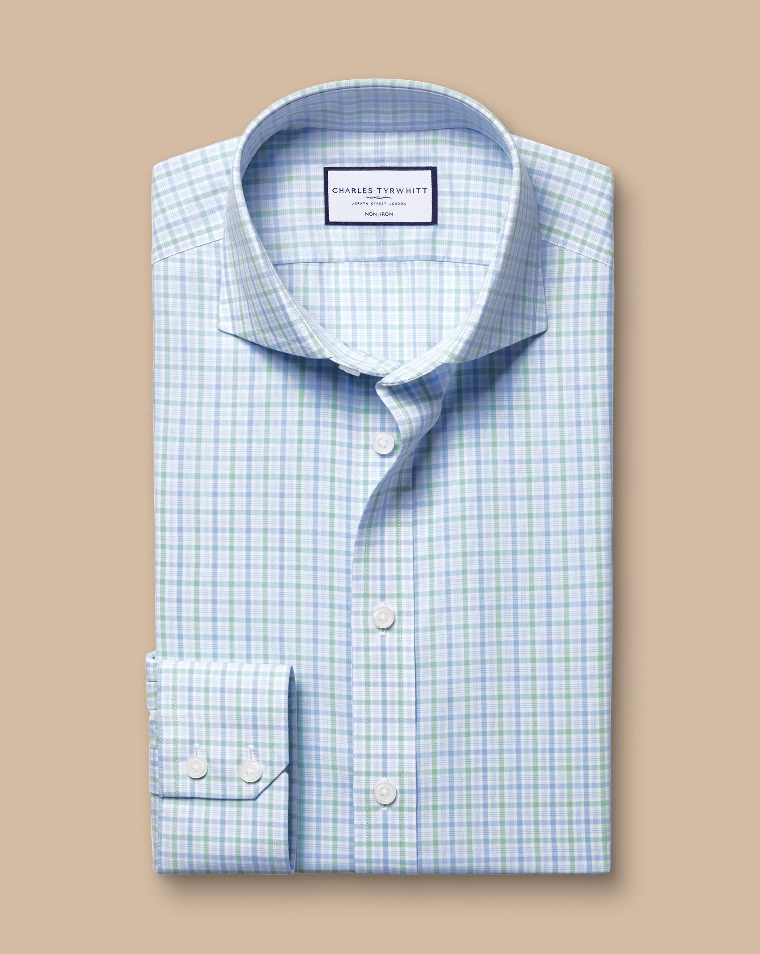 Spread Collar Non-Iron Poplin Shirt - Green & Sky