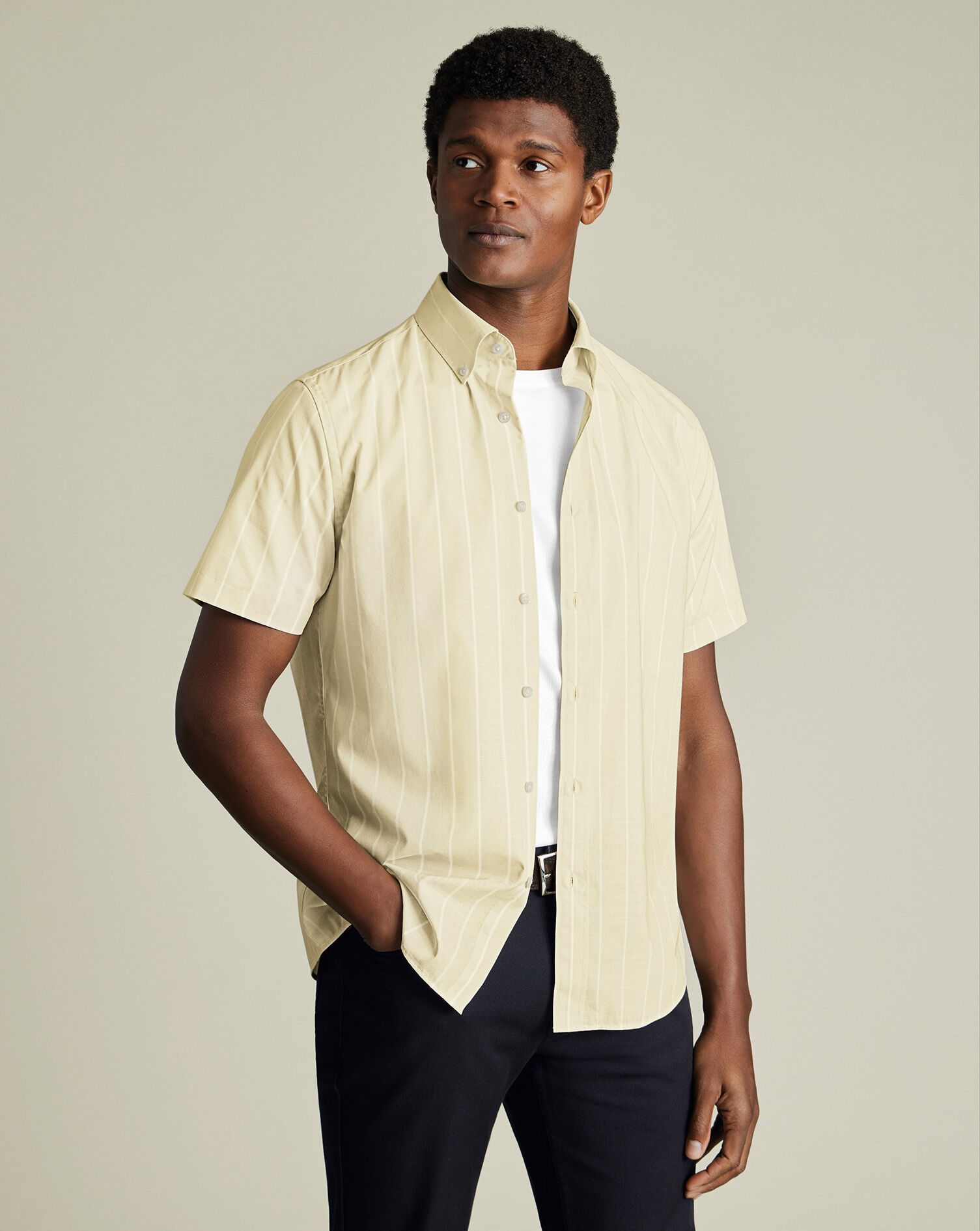 Non-Iron Stretch Poplin Slub Short Sleeve Shirt - Yellow