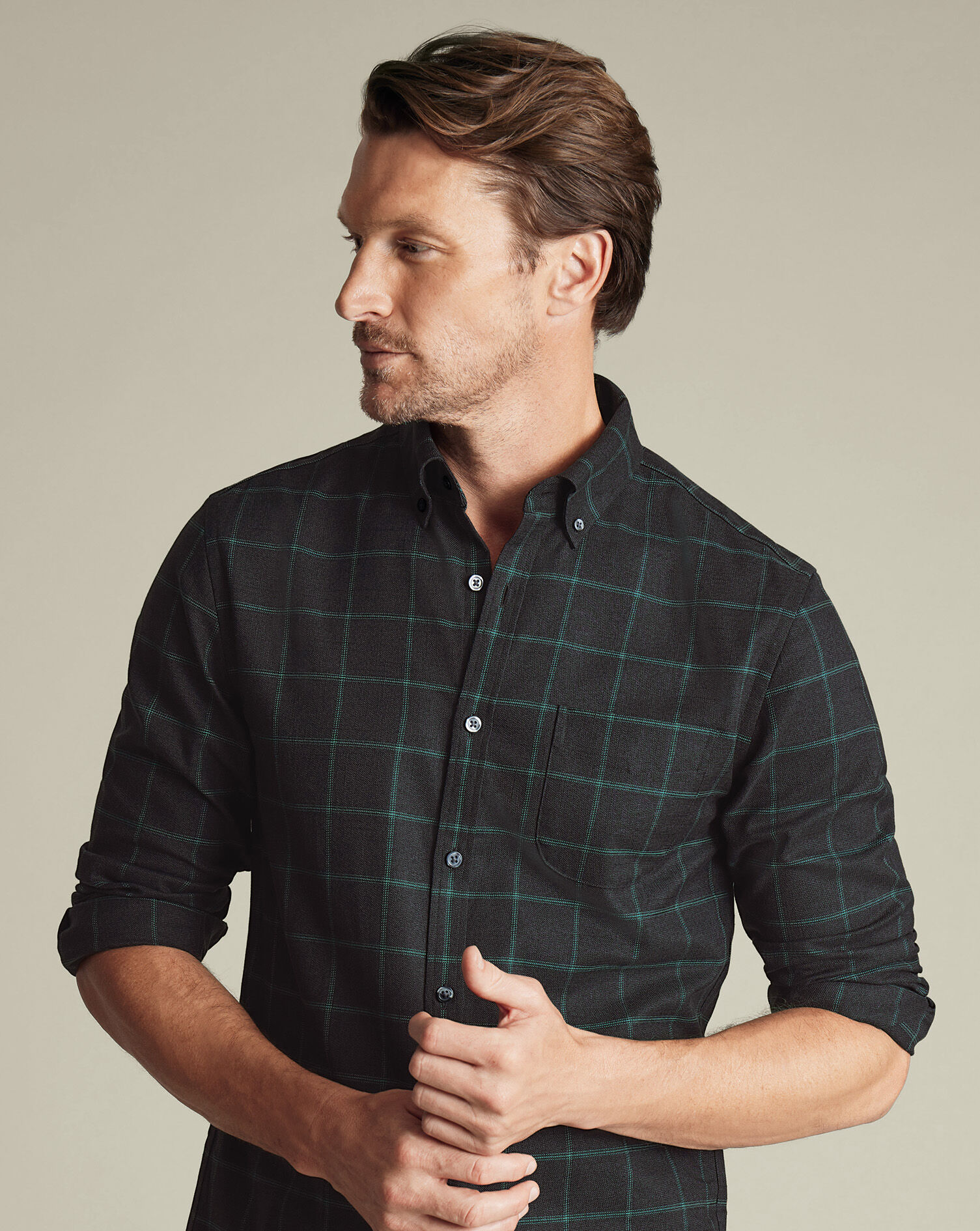 Non-Iron Twill Windowpane Check Shirt - Gray & Green