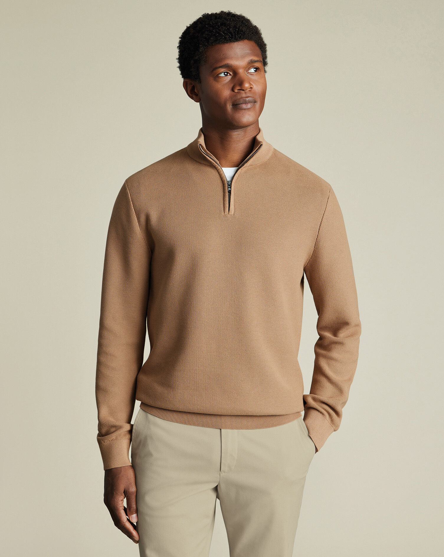 Honeycomb Cotton Quarter Zip Sweater - Camel