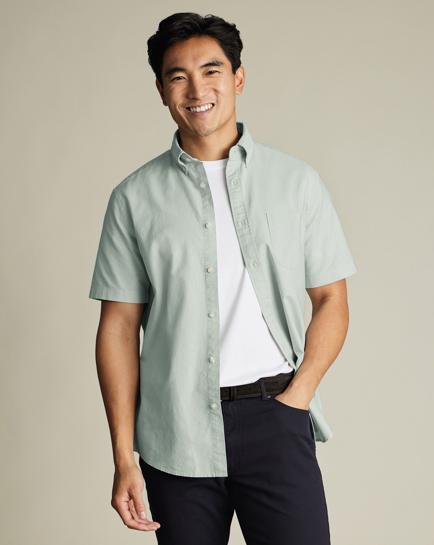 Stretch Washed Oxford Short Sleeve Shirt - Light Green