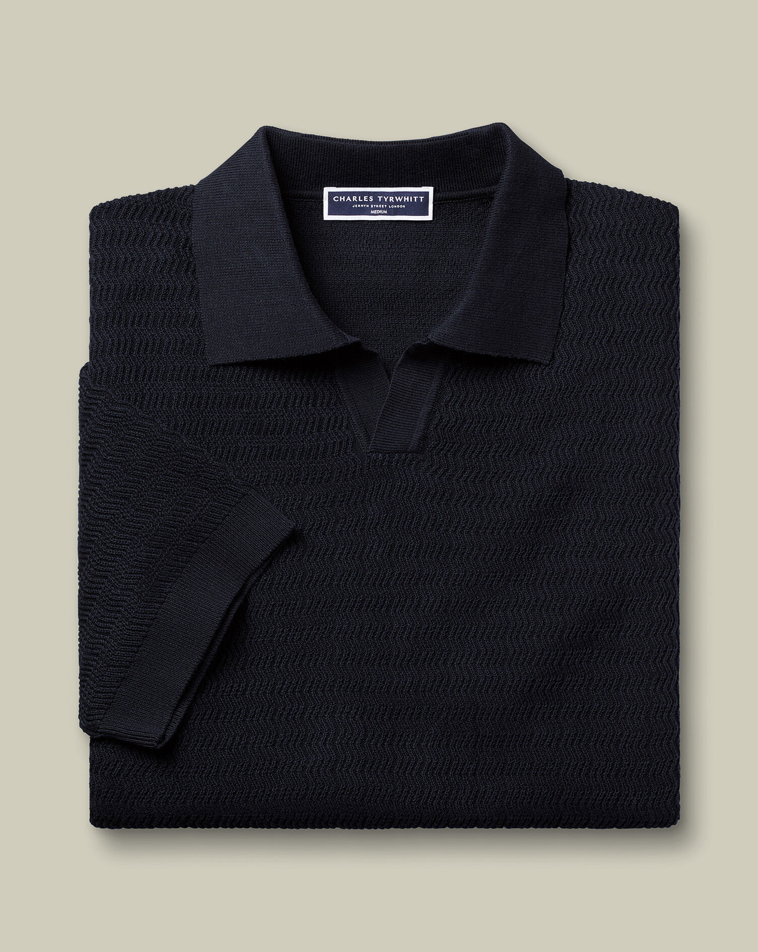 Cotton Trophy Neck Textured Knitted Polo - Navy