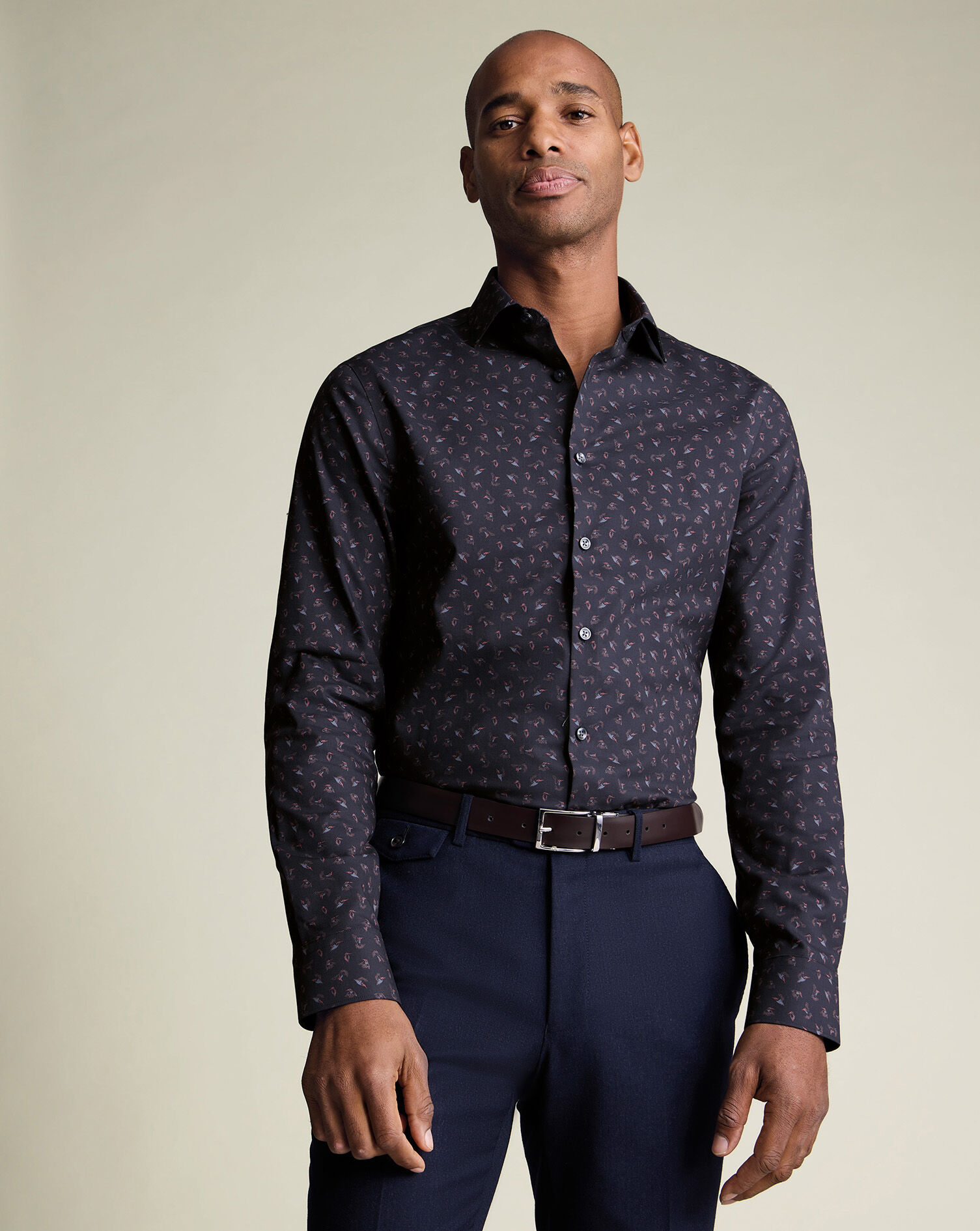 Non-Iron Stretch Bird Print Shirt - Charcoal