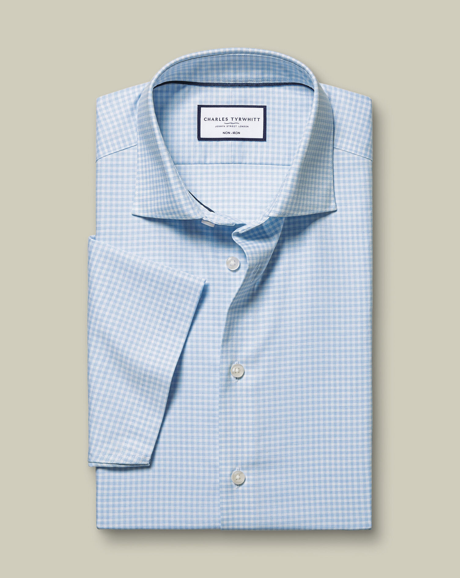 Non-Iron Cotton Linen Check Short Sleeve Shirt - Sky Blue