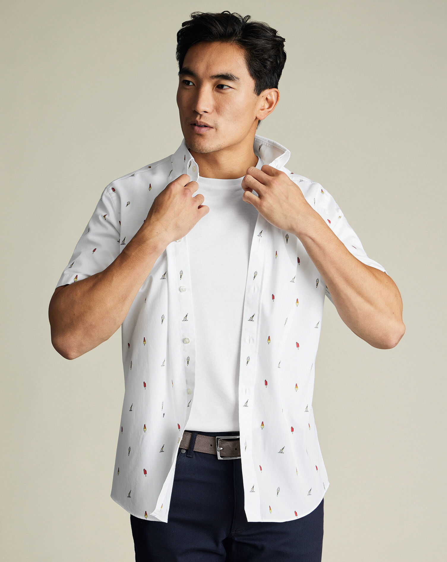 Non-Iron Poplin Ice Cream Print Short Sleeve Shirt - White