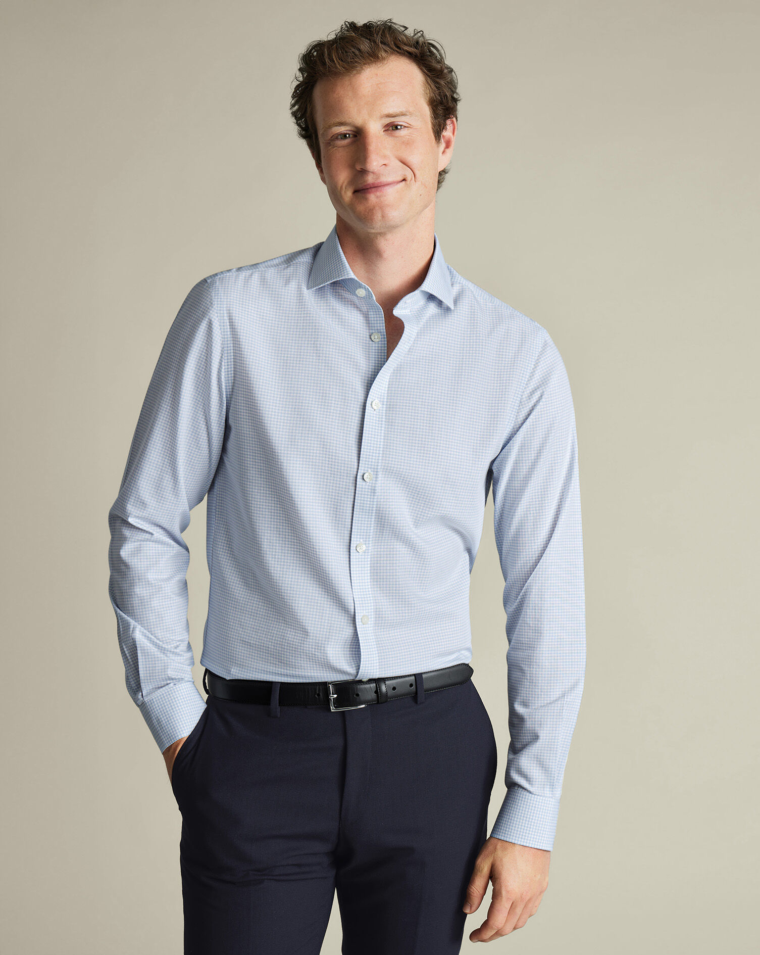 Non-Iron Poplin Gingham Shirt - Ice Blue