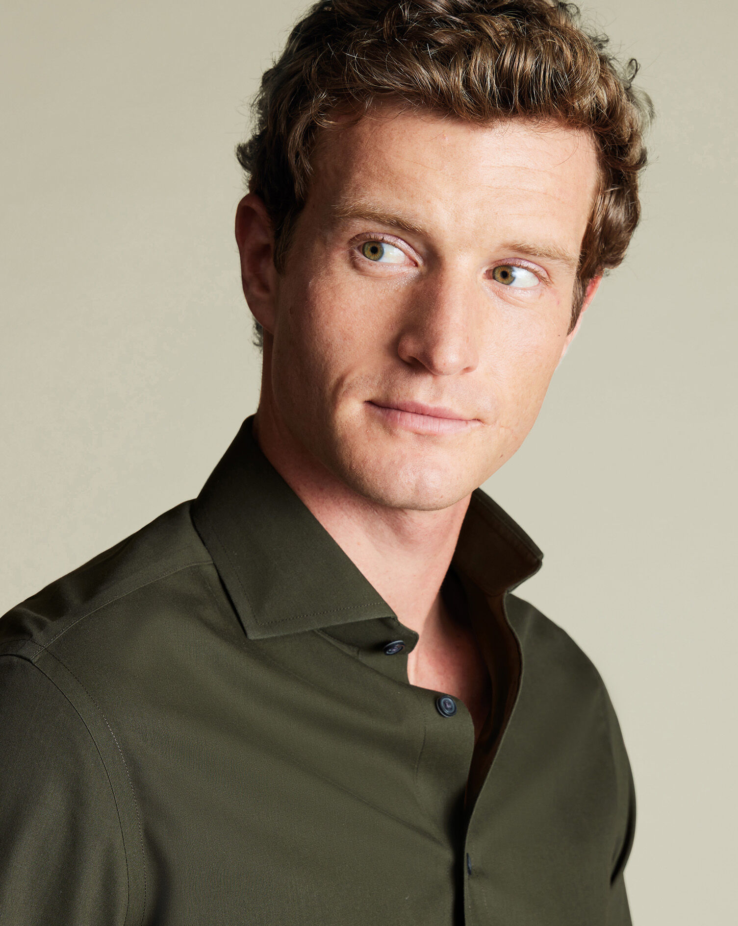 Spread Collar Non-Iron Poplin Shirt - Olive Green