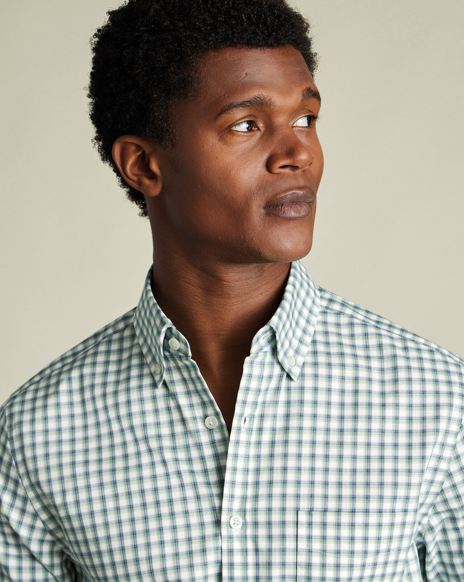 Non-Iron Stretch Poplin Mid Check Shirt - Green & Blue