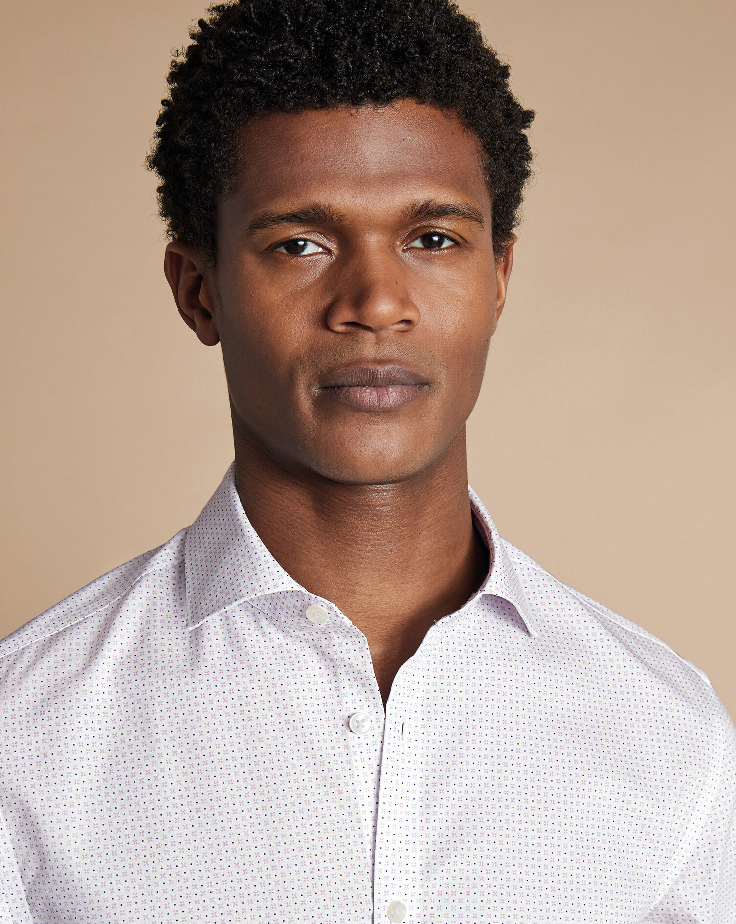 Semi-Spread Collar Non-Iron Stretch Poplin Geo Print Shirt - White & Lilac