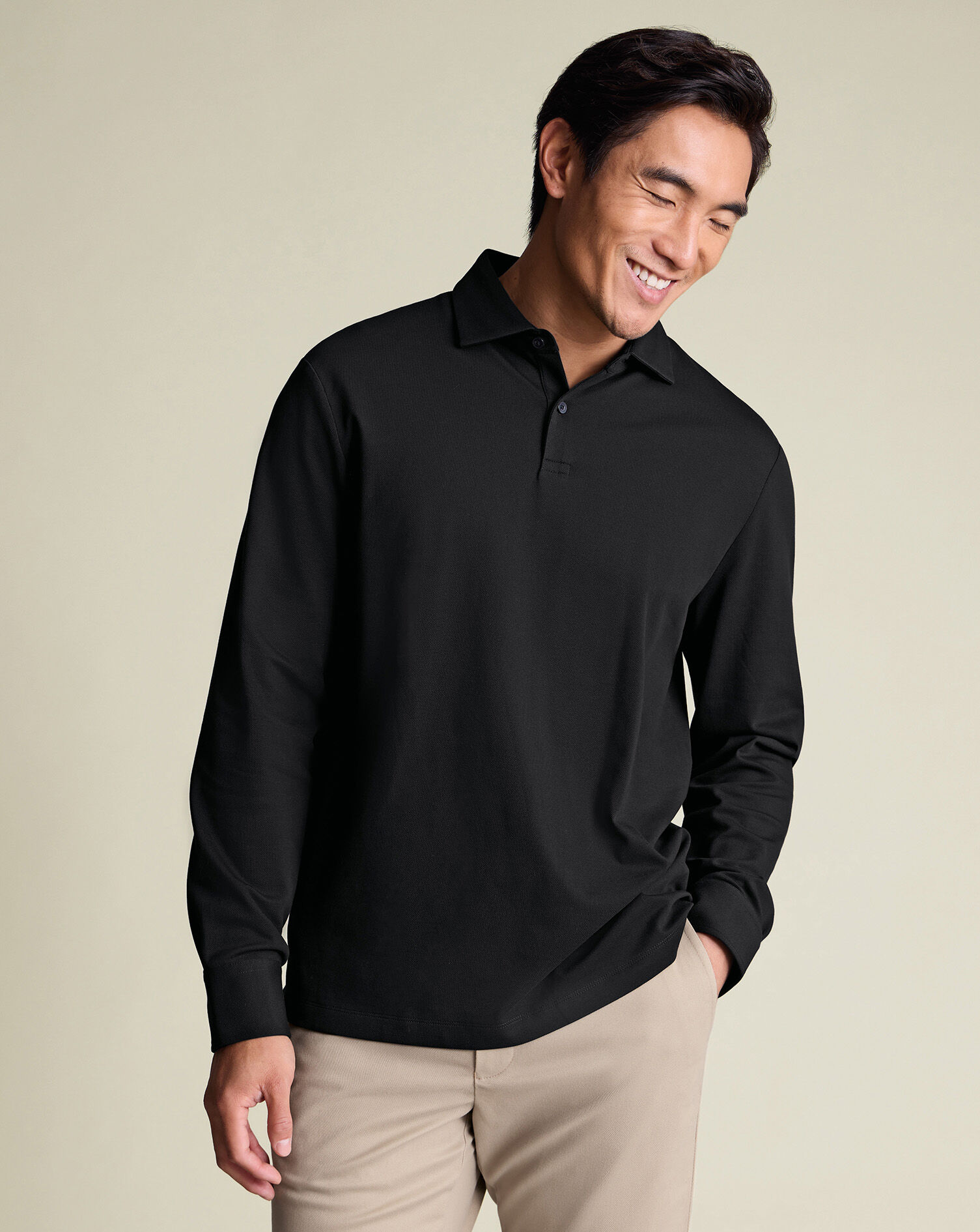 Long Sleeve Smart Pique Polo - Black
