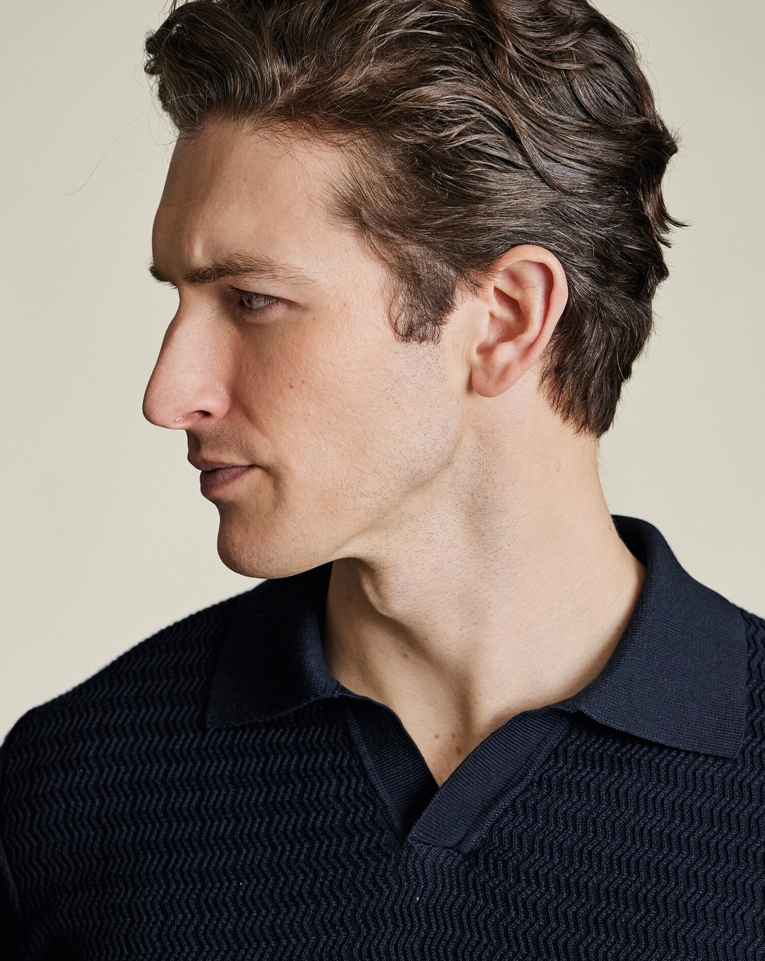 Cotton Trophy Neck Textured Knitted Polo - Navy