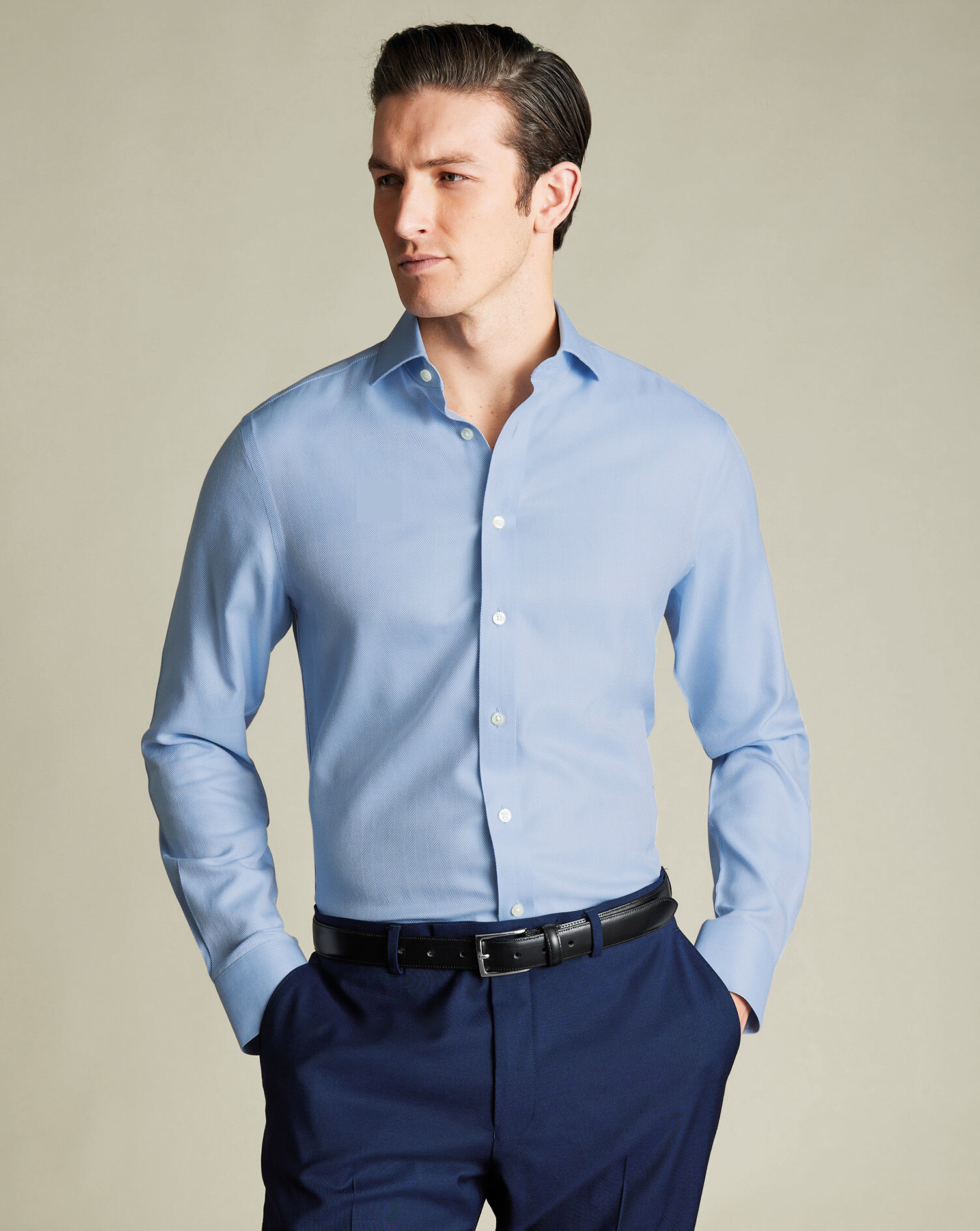 Spread Collar Non-Iron Herringbone Shirt - Sky Blue