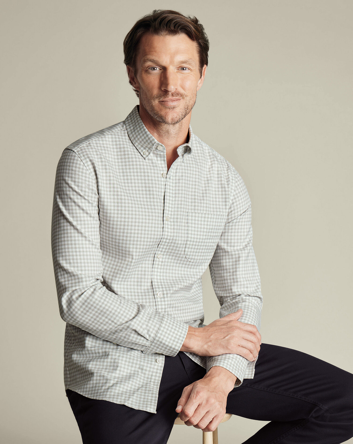 Non-Iron Twill Gingham Shirt - Silver Gray