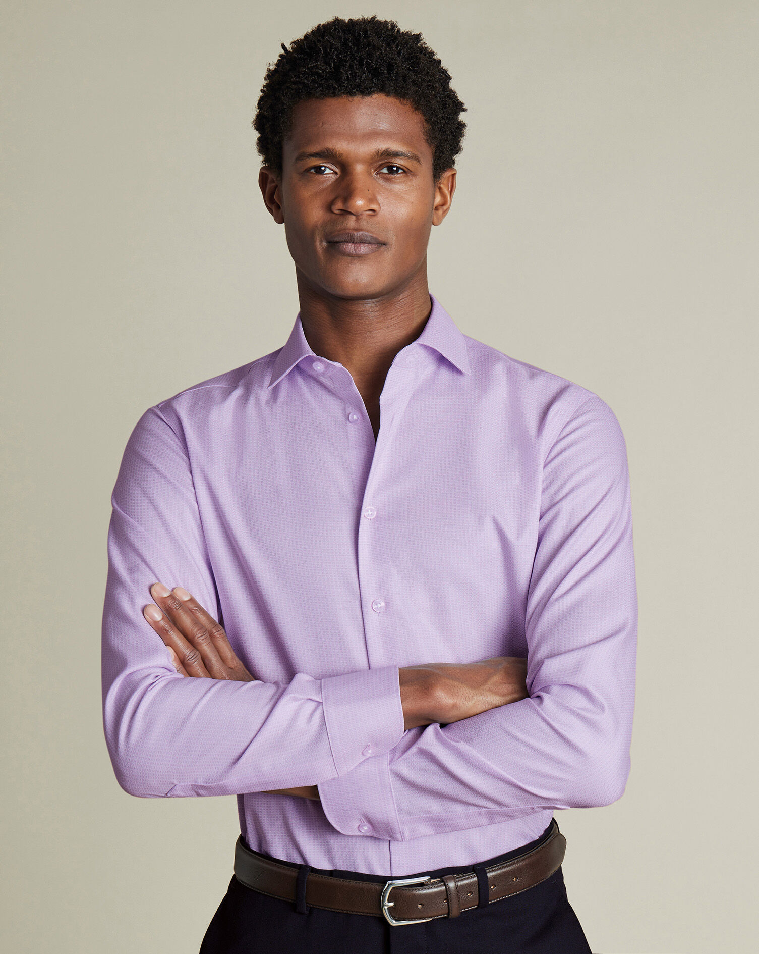 Semi-Spread Collar Non-Iron Stretch Texture Grid Shirt - Lilac Purple