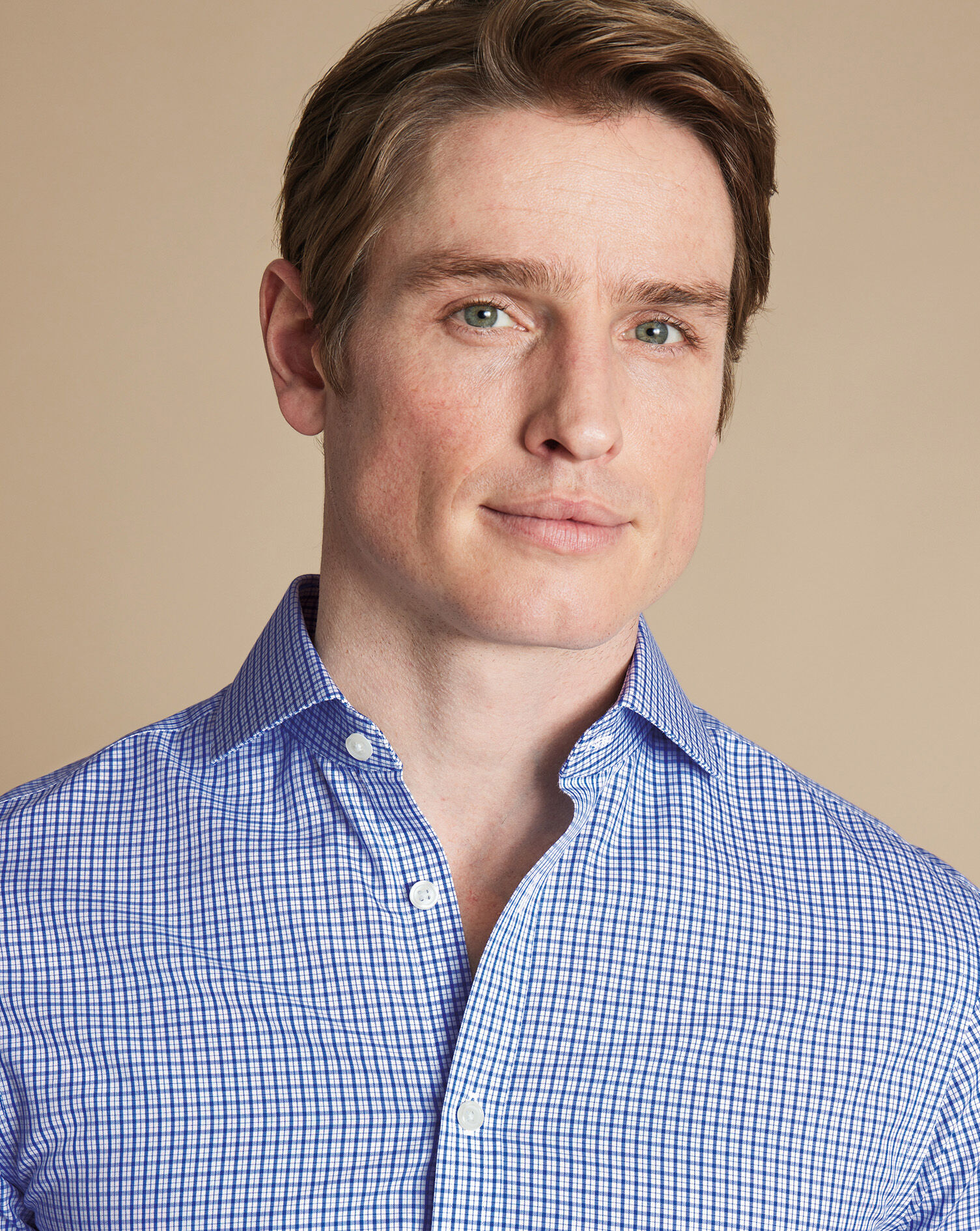 Spread Collar Non-Iron Poplin Grid Check Shirt - Cobalt Blue