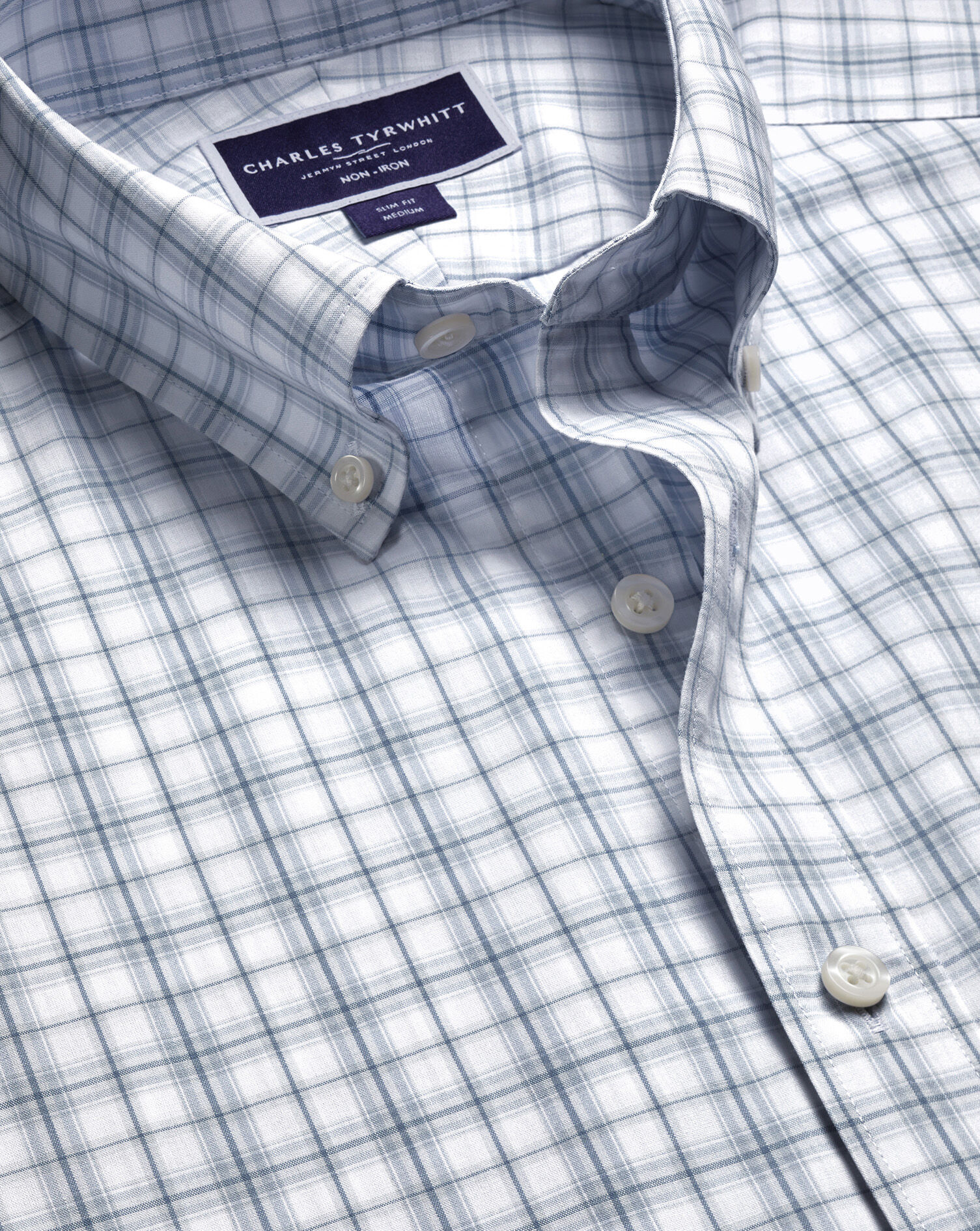 Non-Iron Stretch Poplin Check Shirt - Silver Gray