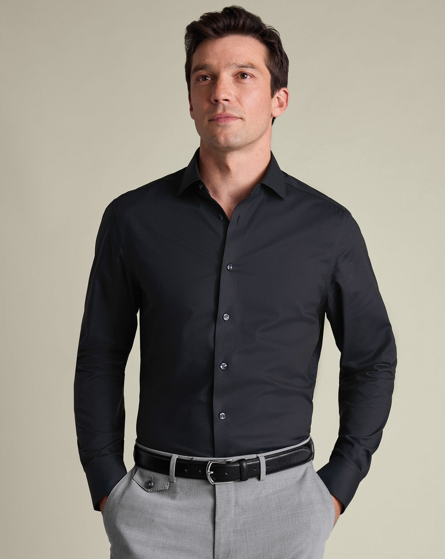 Non-Iron Stretch Printed Trim Shirt - Charcoal
