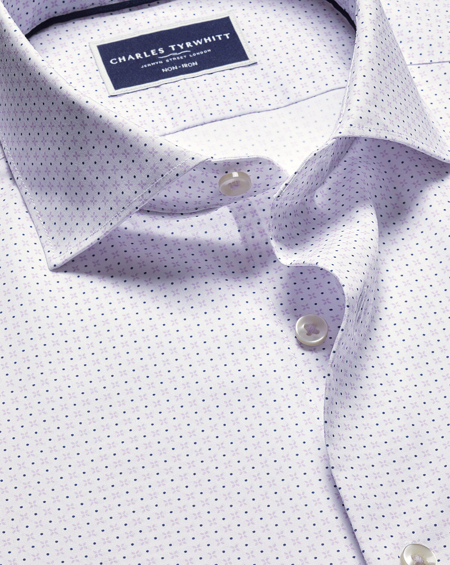 Semi-Spread Collar Non-Iron Stretch Poplin Geo Print Shirt - White & Lilac
