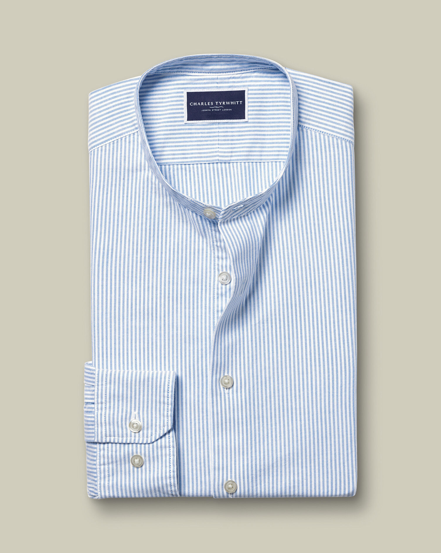 Collarless Stretch Washed Oxford Stripe Shirt - Ocean Blue