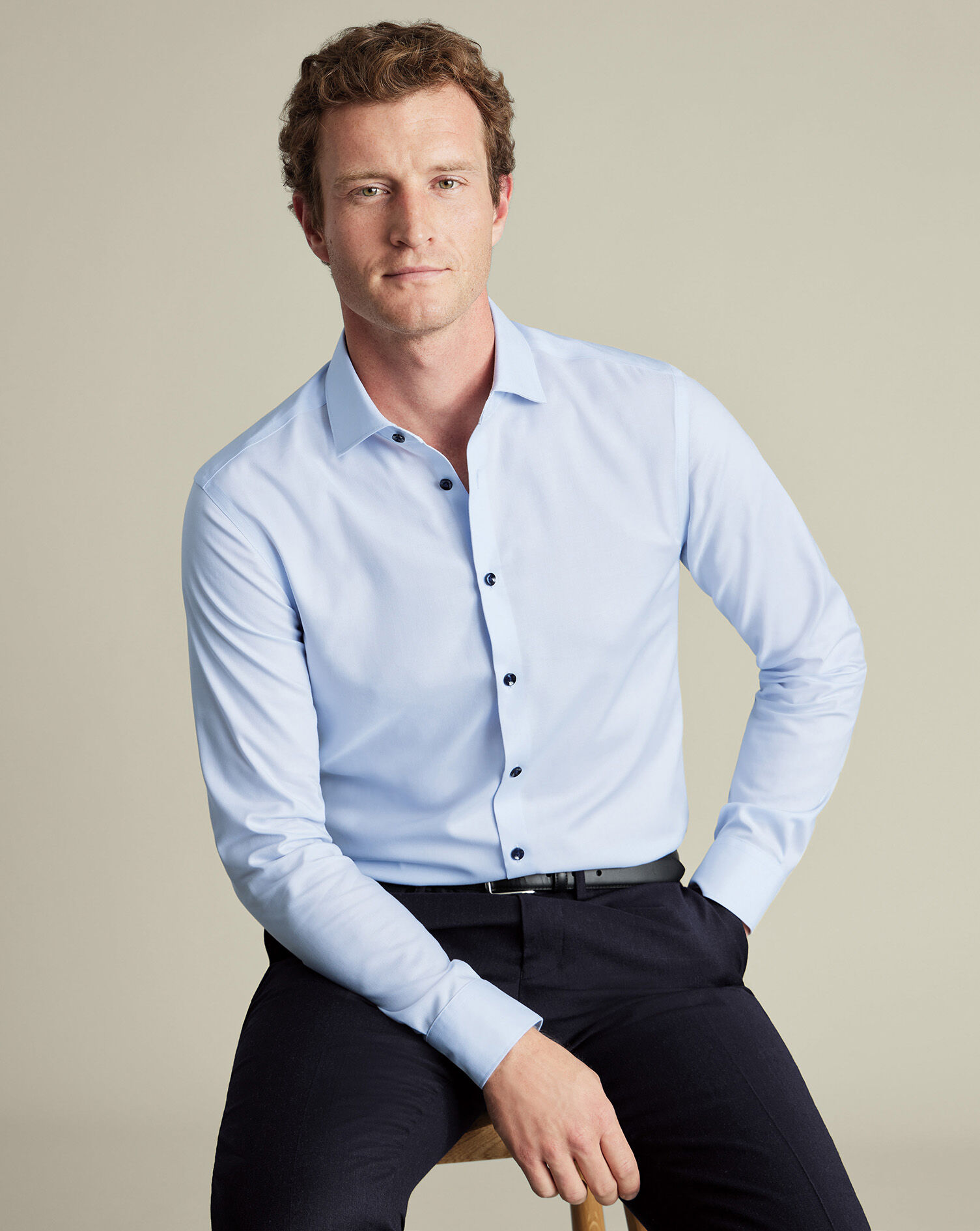 Non-Iron Stretch Printed Trim Shirt - Sky Blue