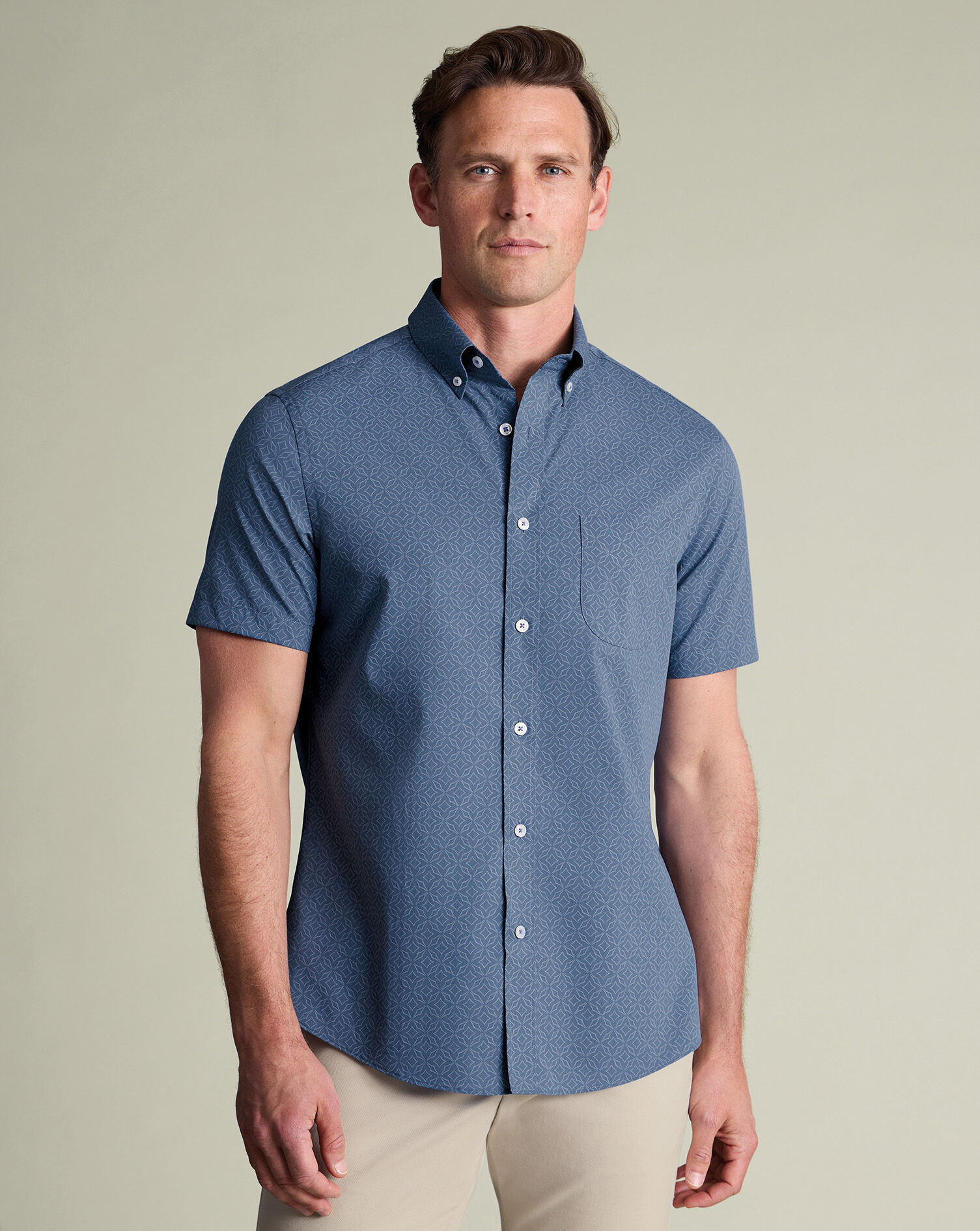 Non-Iron Stretch Geo Print Shirt - Denim Blue