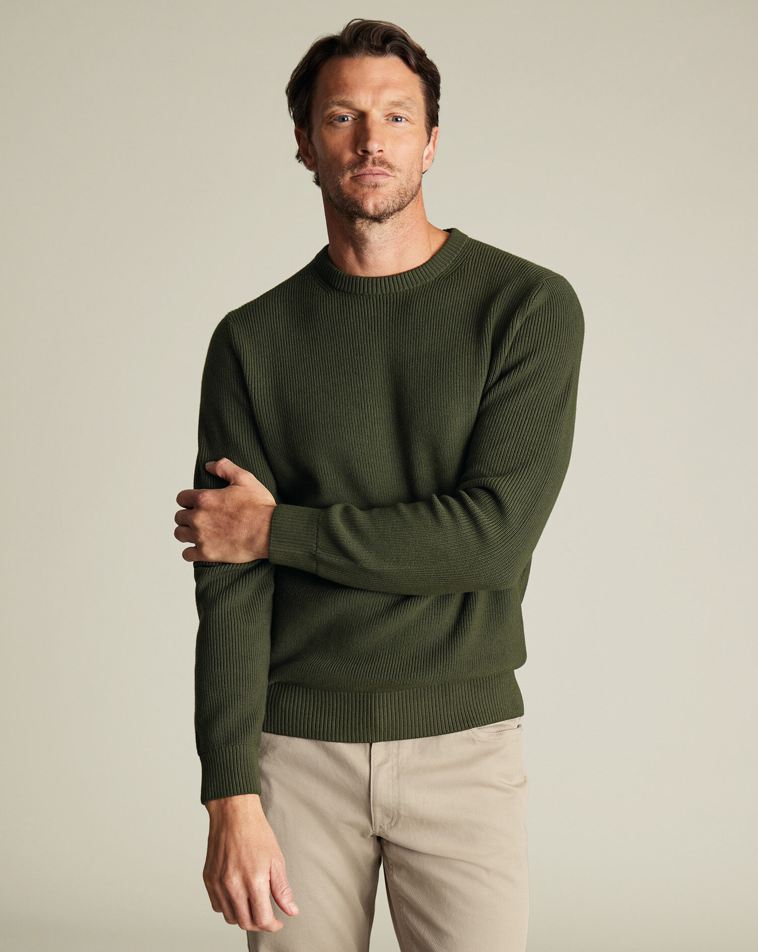 Cotton Rib Crew Neck Sweater - Olive
