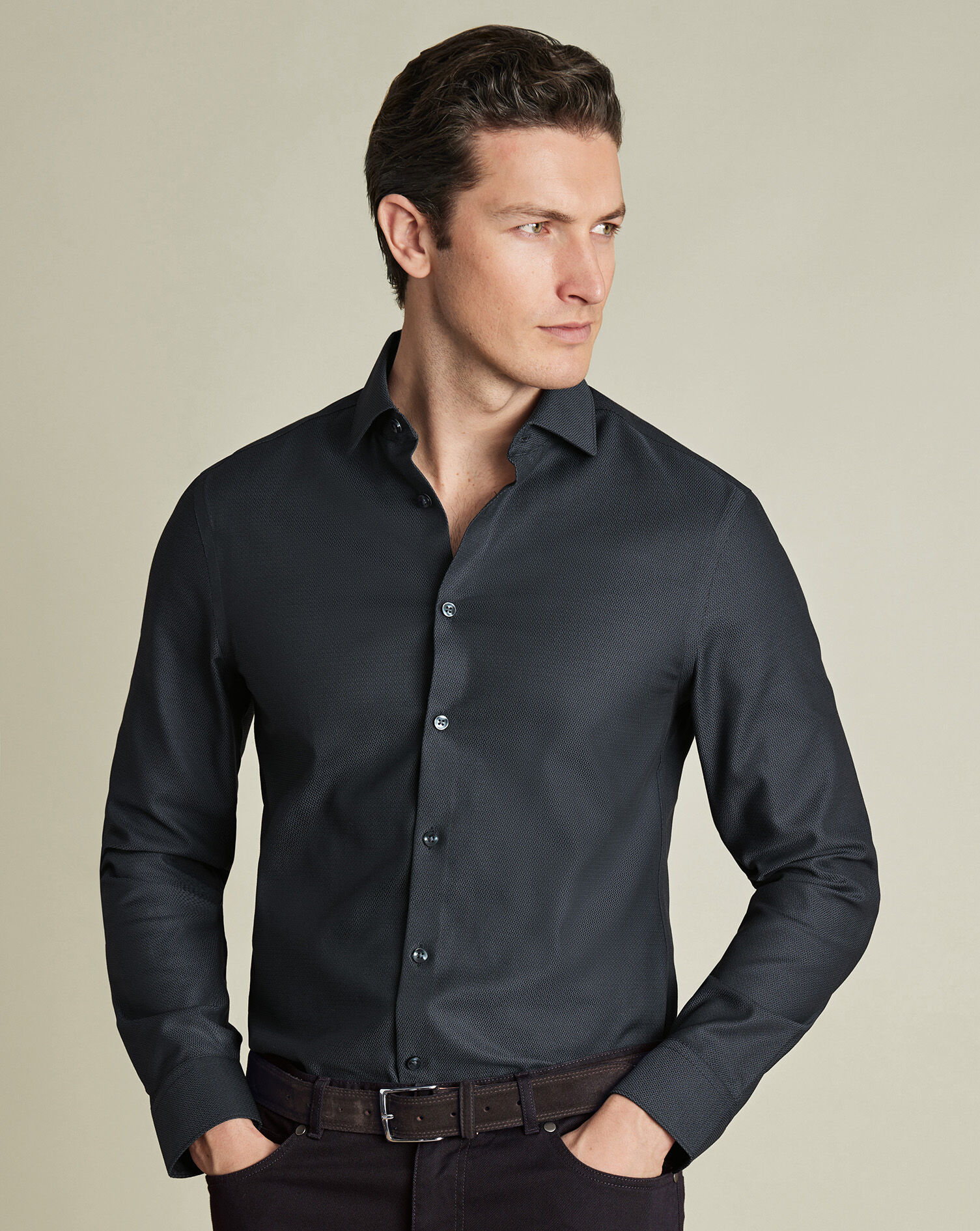 Semi-Spread Collar Non-Iron Stretch Texture Shirt - Dark Gray