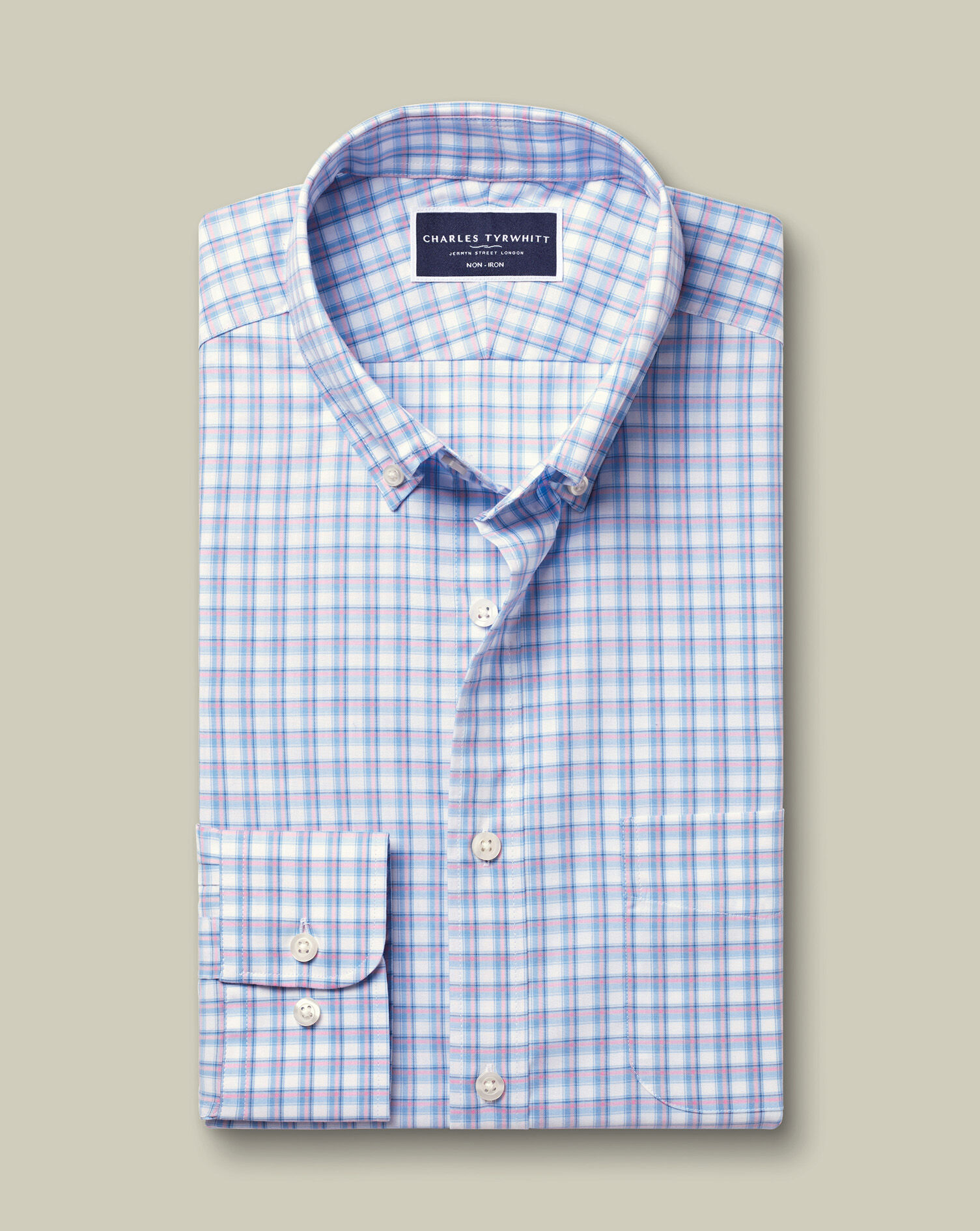 Non-Iron Stretch Poplin Check Shirt - Ocean Blue & Pink