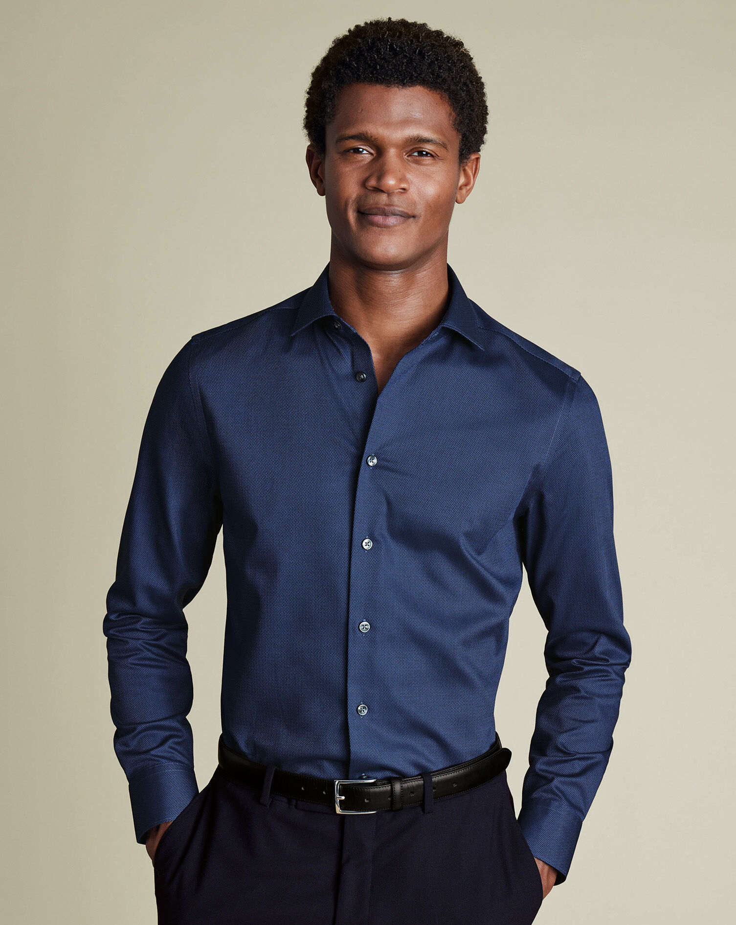 Semi-Spread Collar Non-Iron Stretch Texture Shirt - Denim Blue