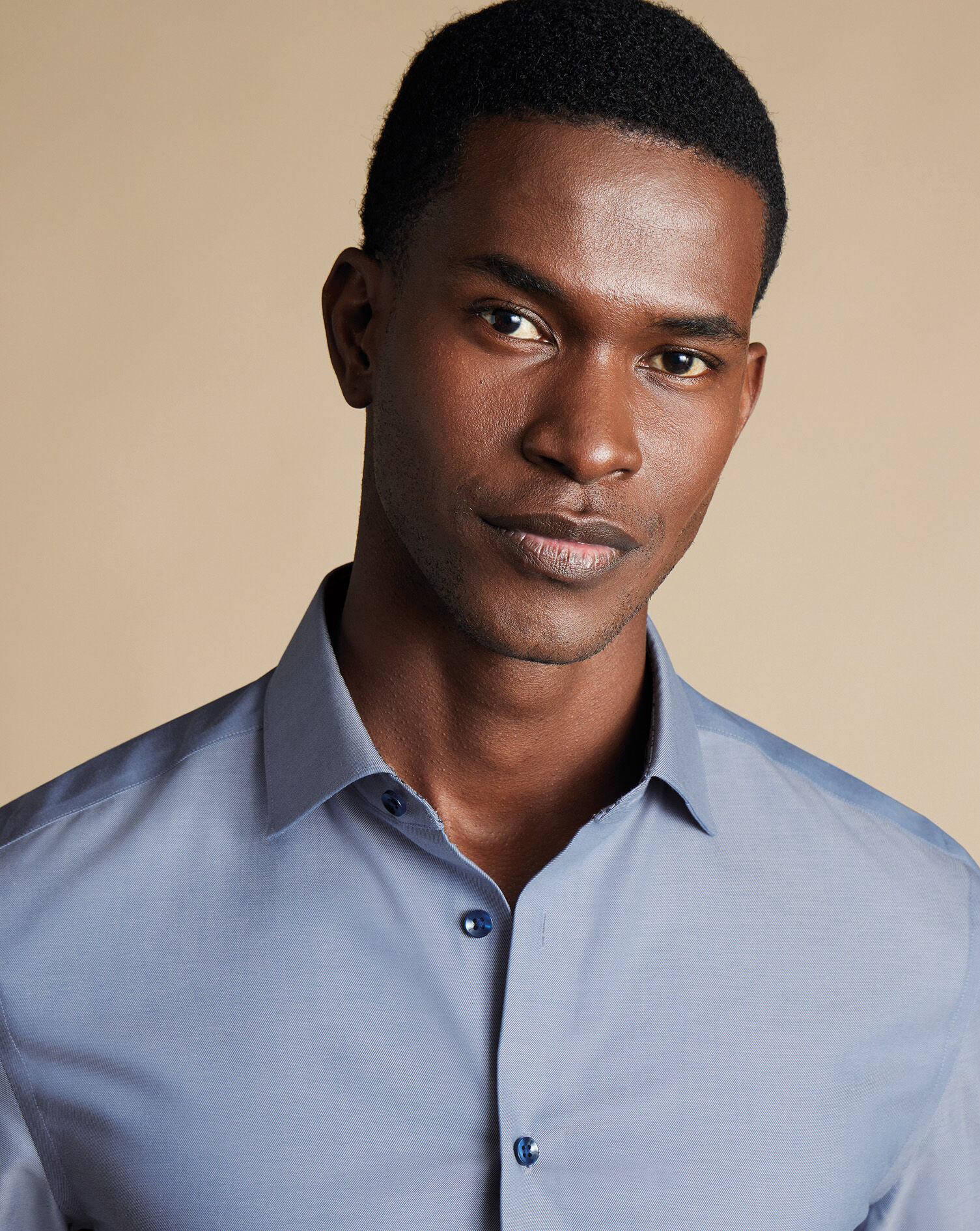 Semi-Spread Collar Twill Shirt with Printed Trim - Steel Blue