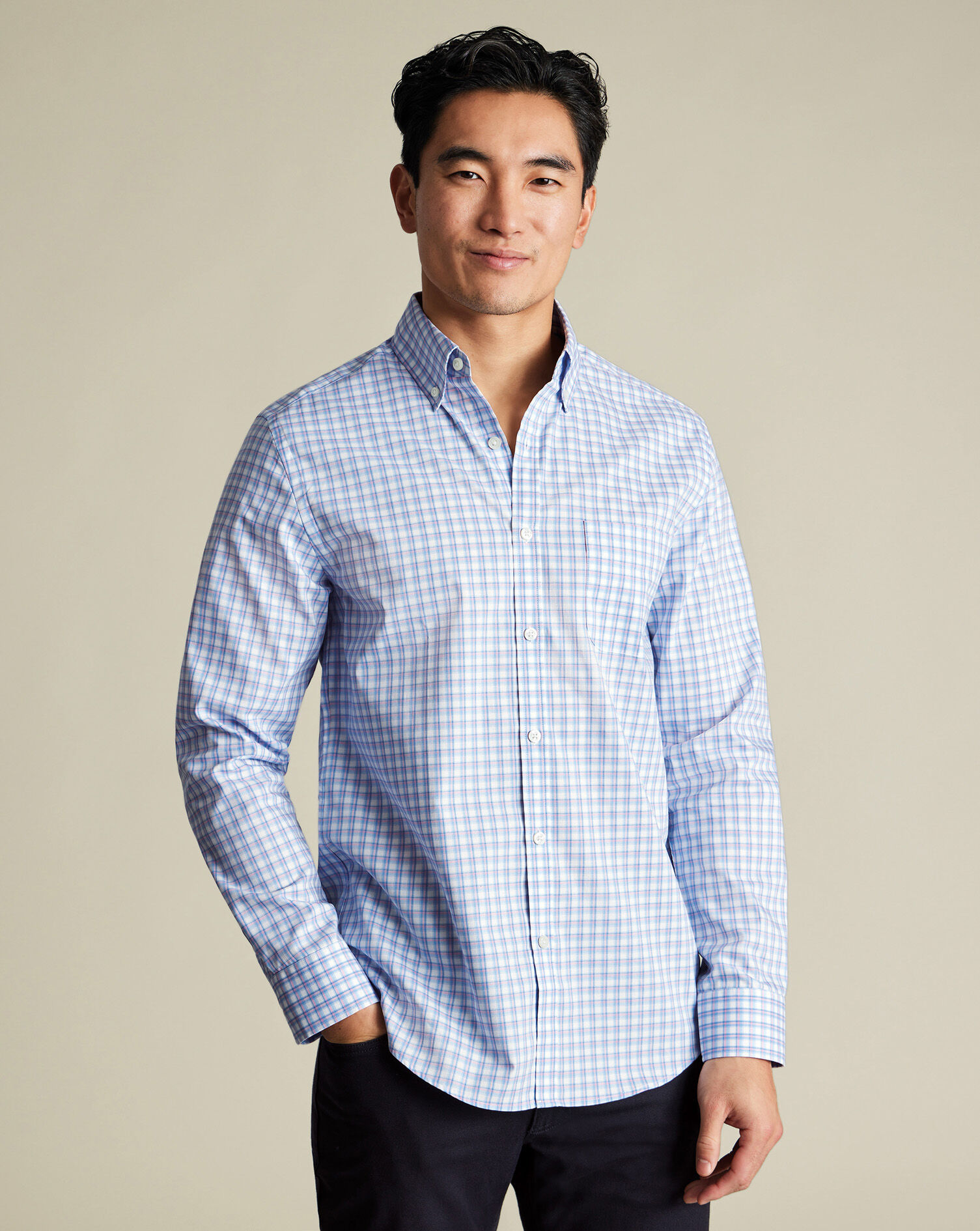 Non-Iron Stretch Poplin Check Shirt - Ocean Blue & Pink