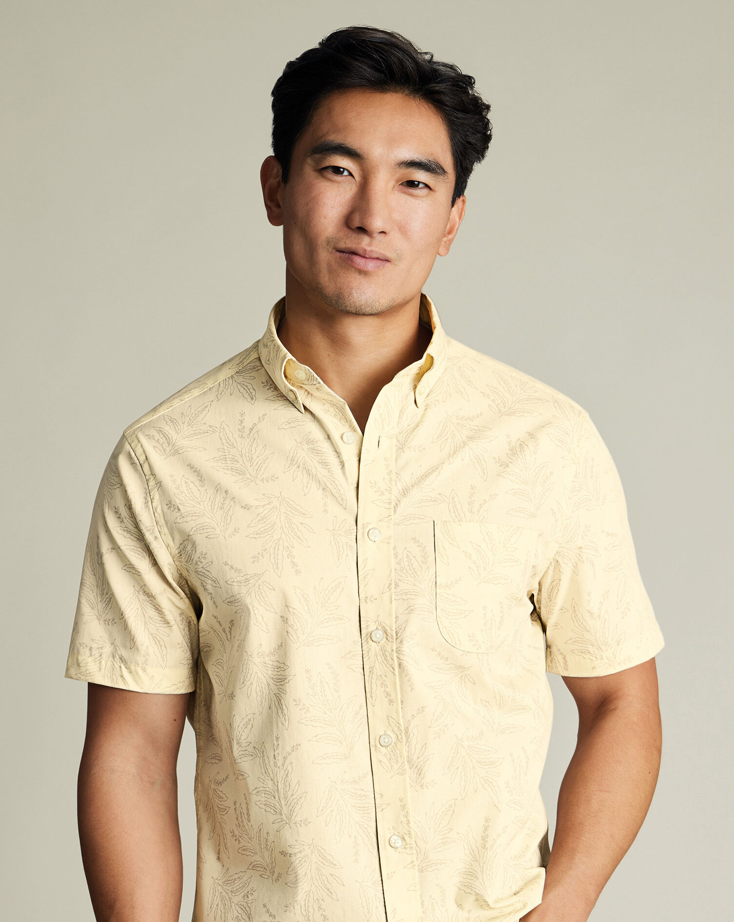 Non-Iron Poplin Print Short Sleeve Shirt - Yellow
